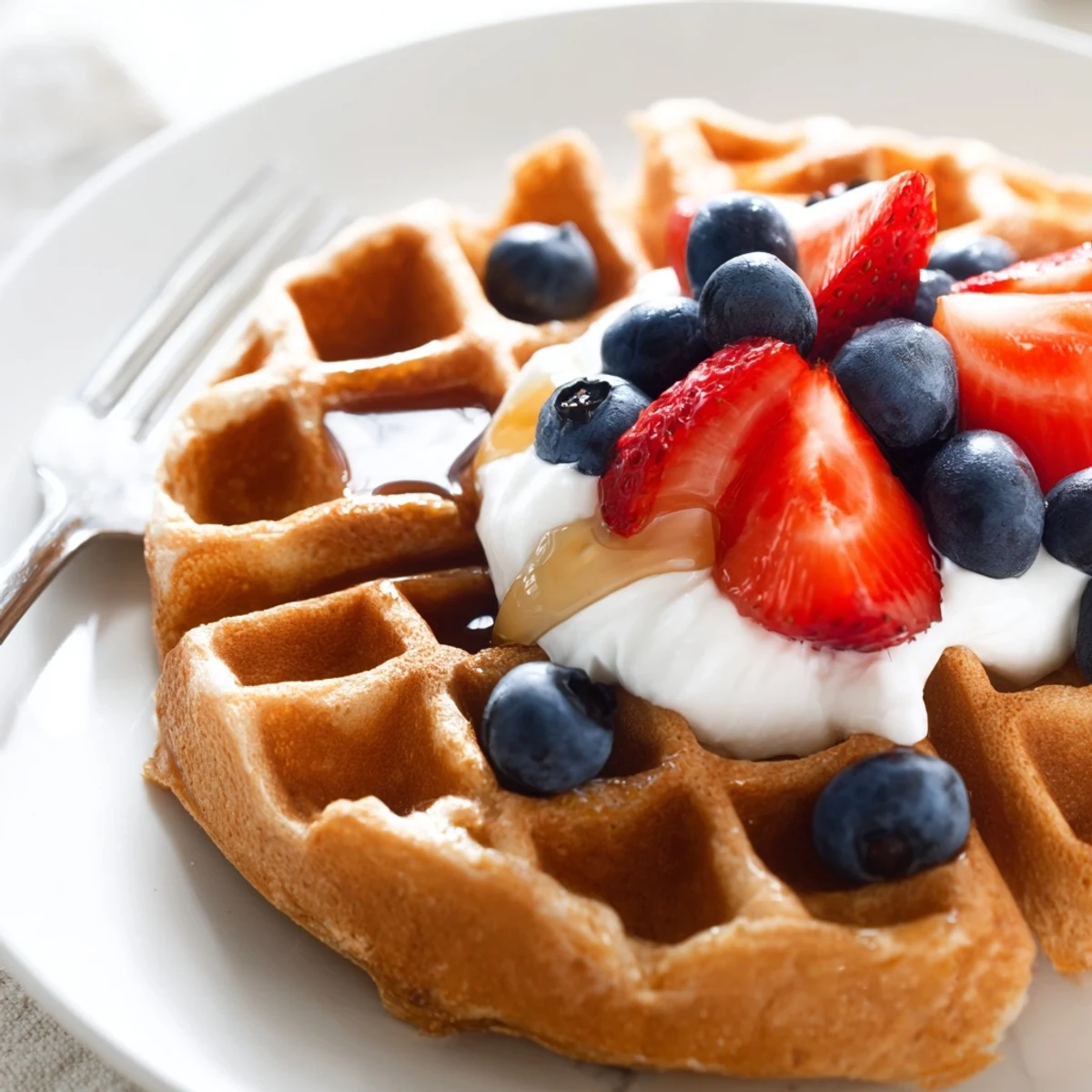 Crisp Greek Yogurt Waffles stacked high drizzled with honey and dusted with powdered sugar