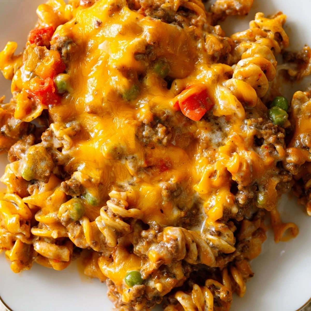 Golden bubbly cheesy beef and noodle casserole fresh from the oven with melted cheddar topping