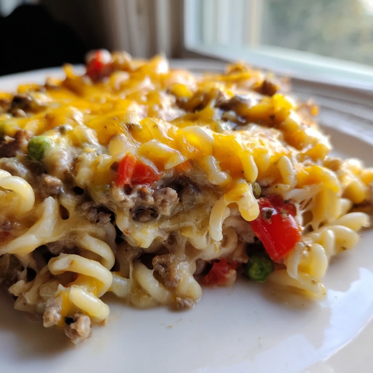 Creamy cheesy beef and noodle casserole topped with melted cheddar in a rustic baking dish