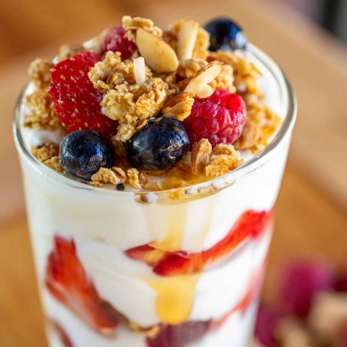 Creamy Greek yogurt parfait with fresh berries and crunchy granola in clear glass