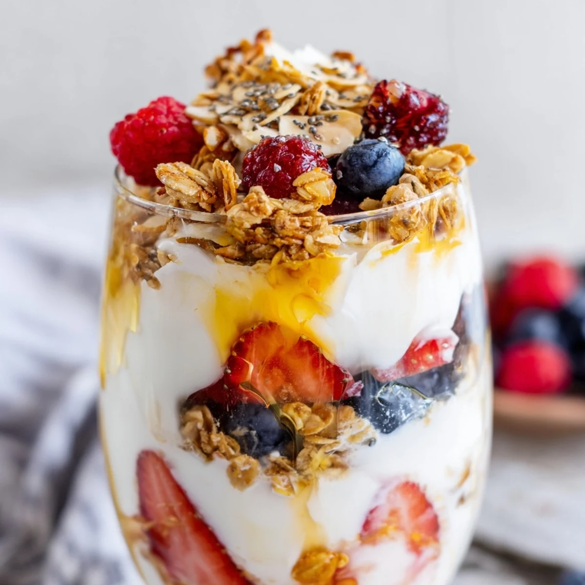 Colorful Greek yogurt parfait featuring mixed berries and a sprinkle of crunchy nuts
