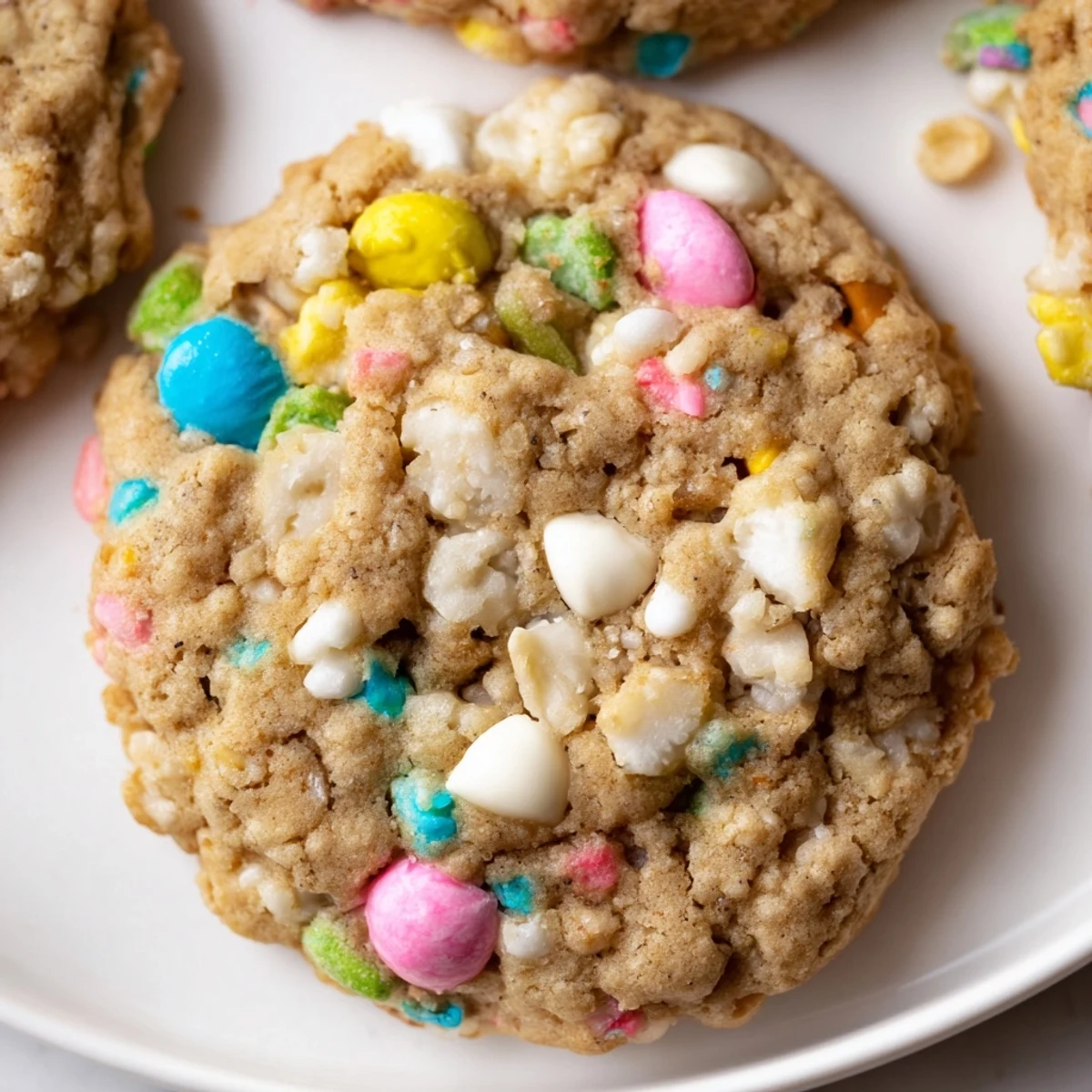 Chewy Easter Trash Cookies with crispy cereal, marshmallows, and candy pieces stacked on a white plate
