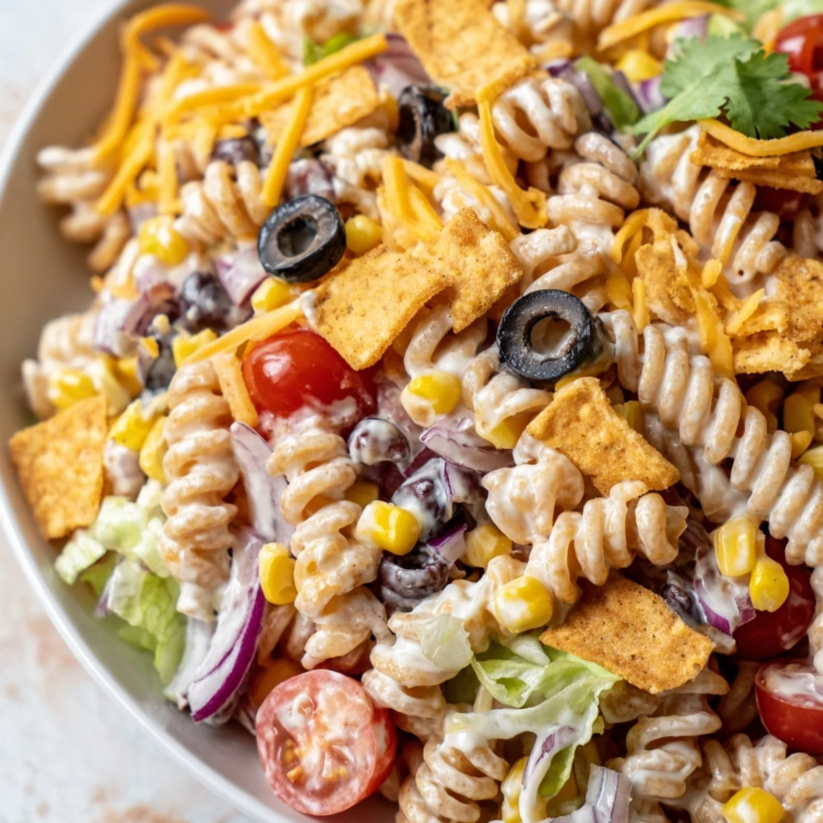 Colorful taco pasta salad in a serving bowl with tomatoes corn beans and creamy dressing