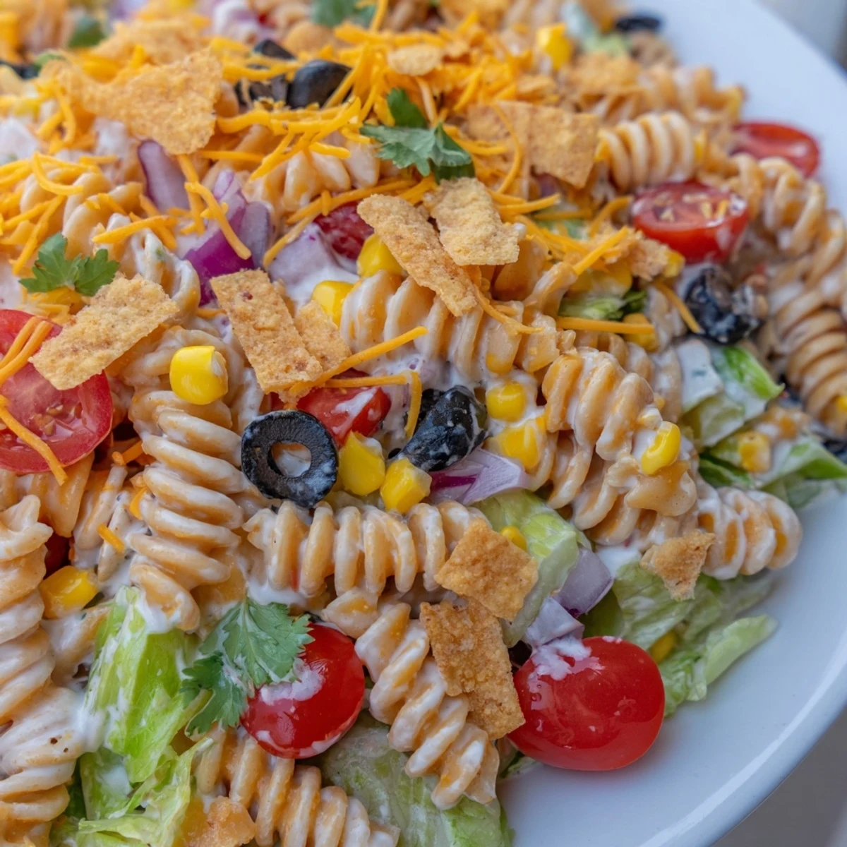 Taco pasta salad served on a plate showcasing vibrant veggies and zesty dressing