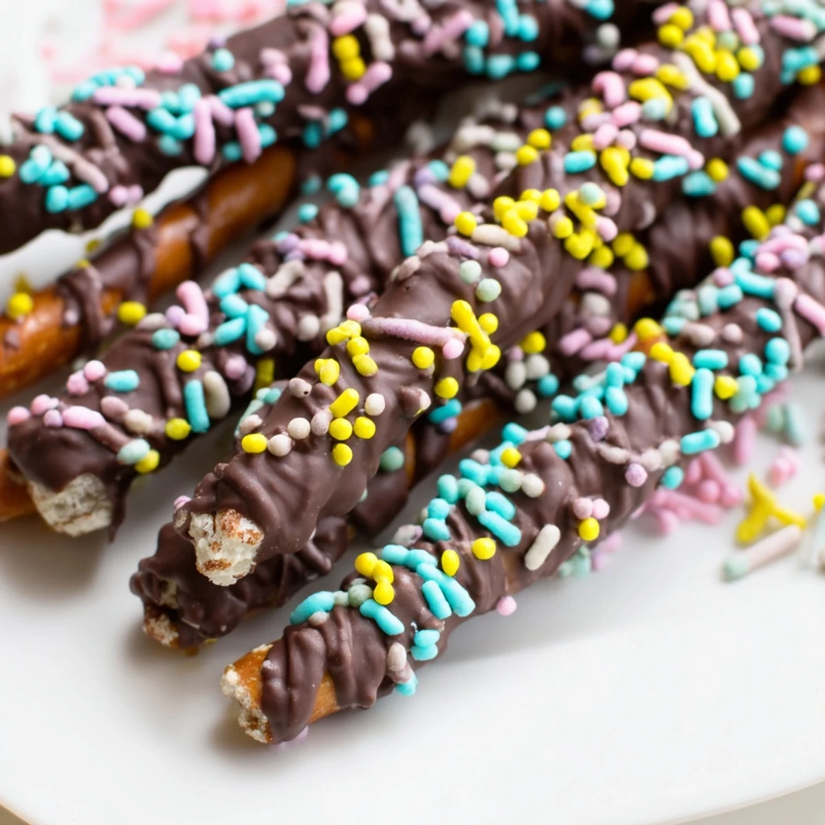 Chocolate covered pretzels for Easter drizzled with melted white and dark chocolate
