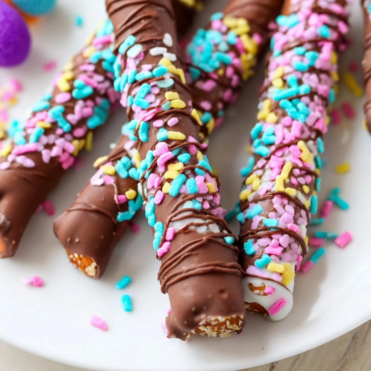 Festive chocolate covered pretzels for Easter topped with colorful pastel sprinkles
