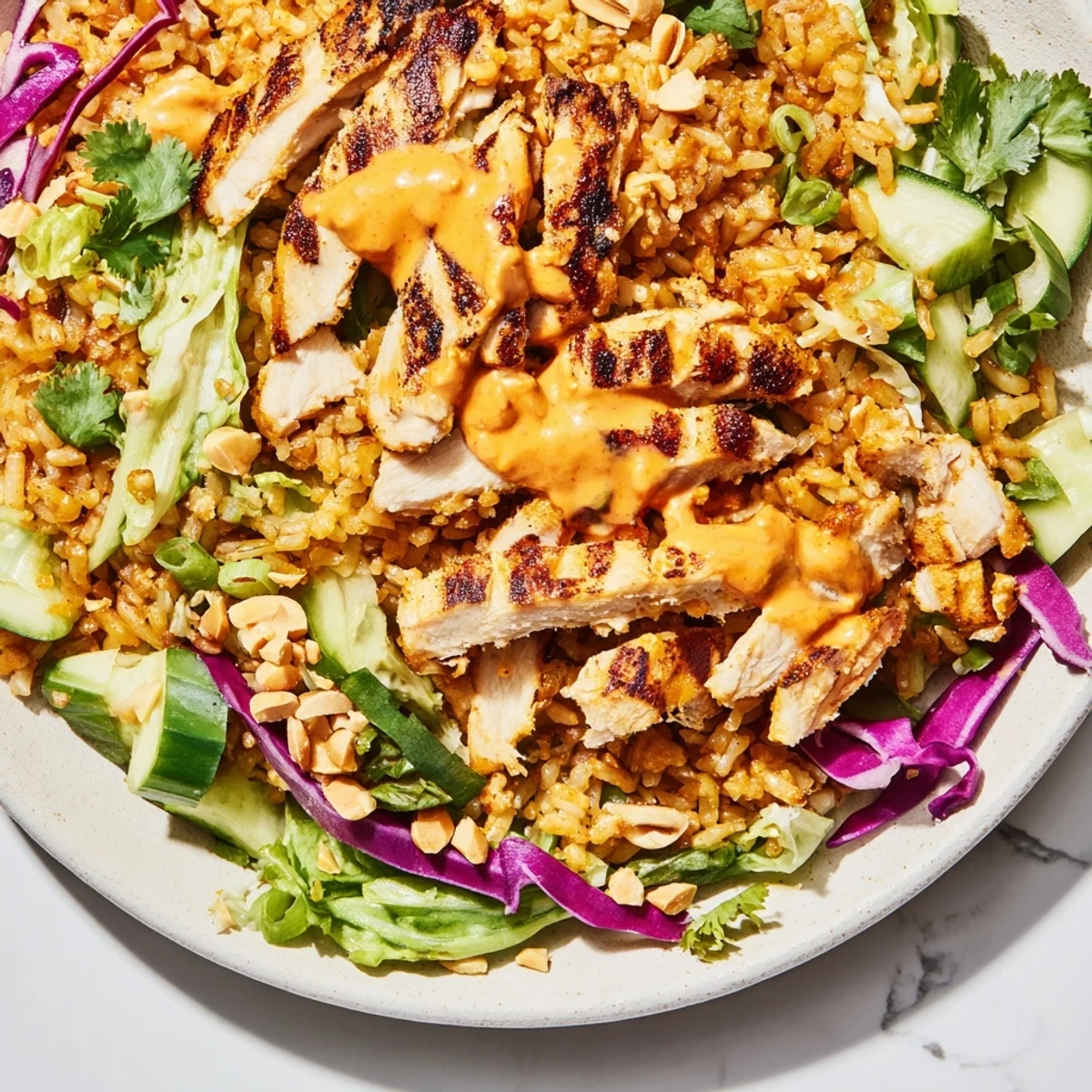 Golden crispy rice crowns this vibrant Bang Bang Chicken salad with creamy spicy sauce
