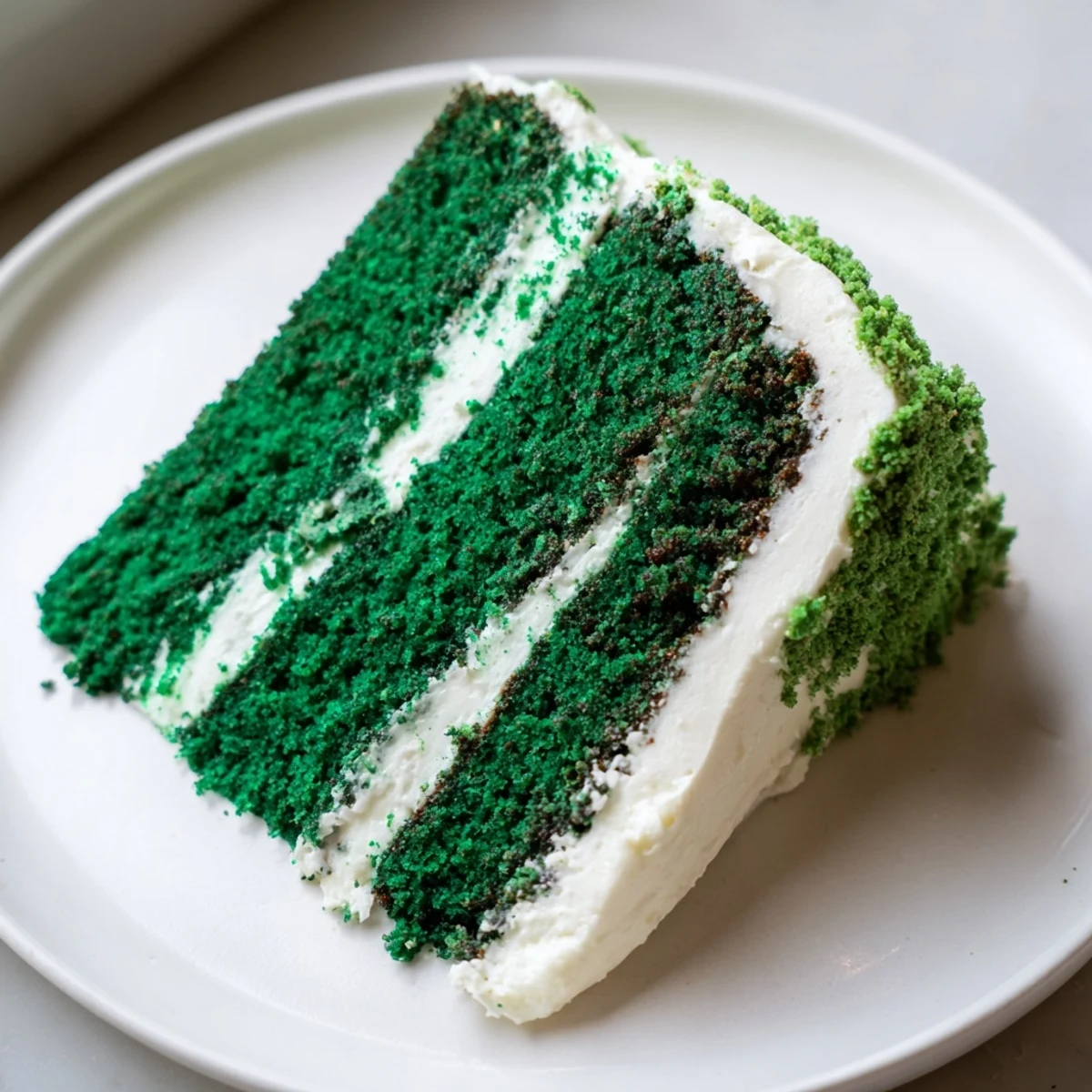 A slice of Green Velvet Cake with thick cream cheese frosting on a white plate