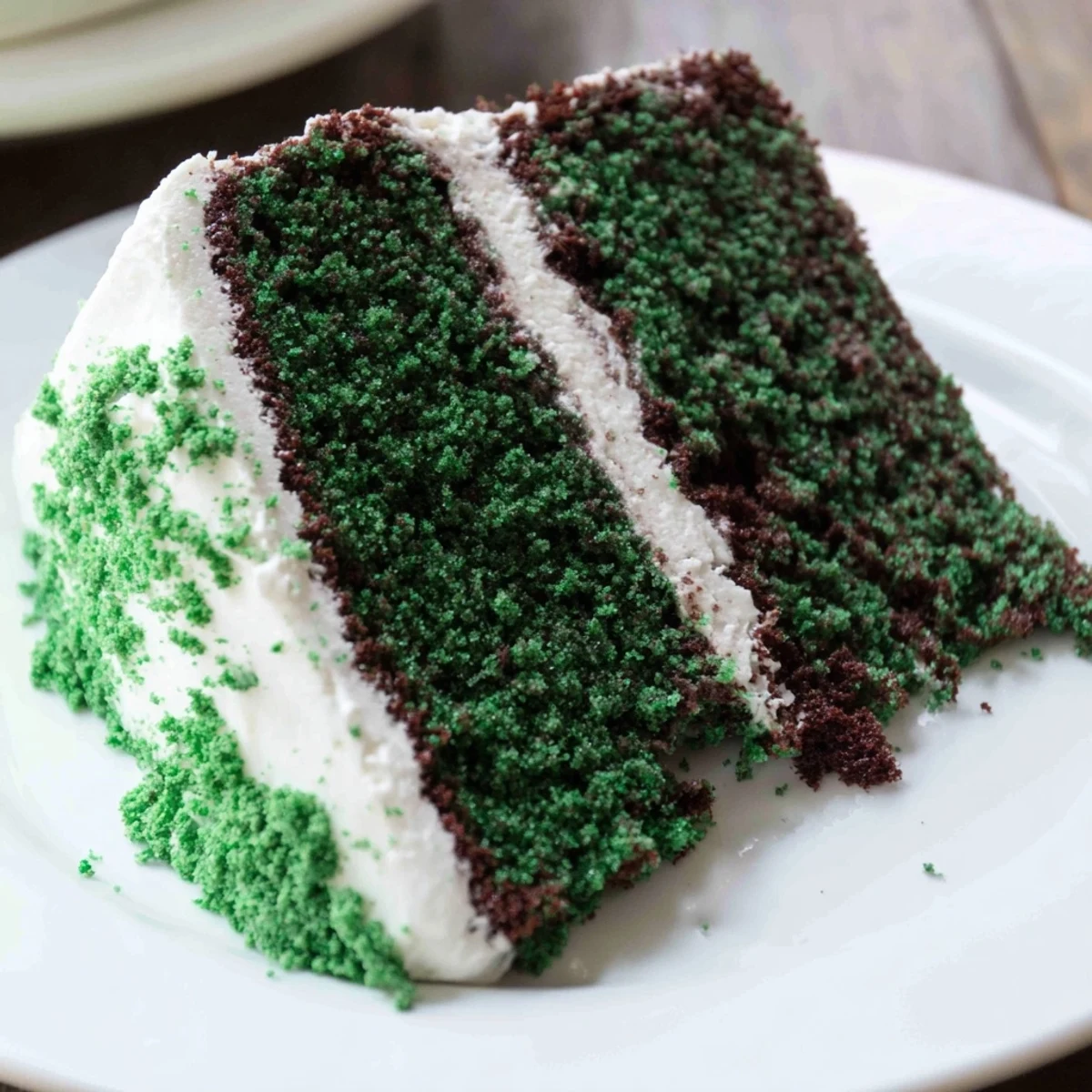 Green Velvet Cake layered with fluffy cream cheese frosting and topped with green sprinkles