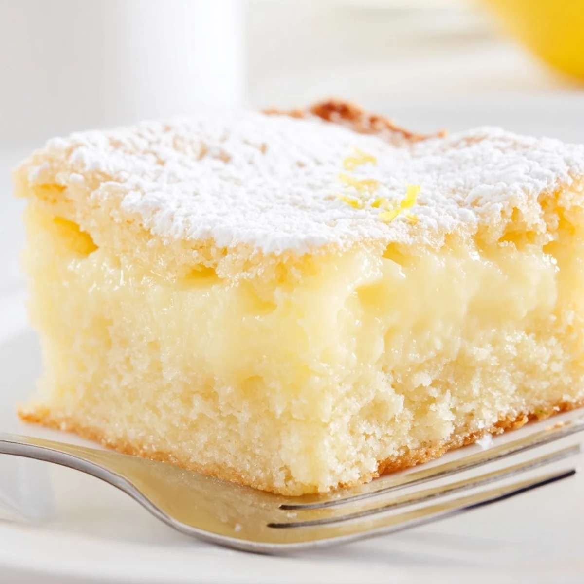 Golden Lemon Gooey Butter Cake squares dusted with powdered sugar on a white serving plate