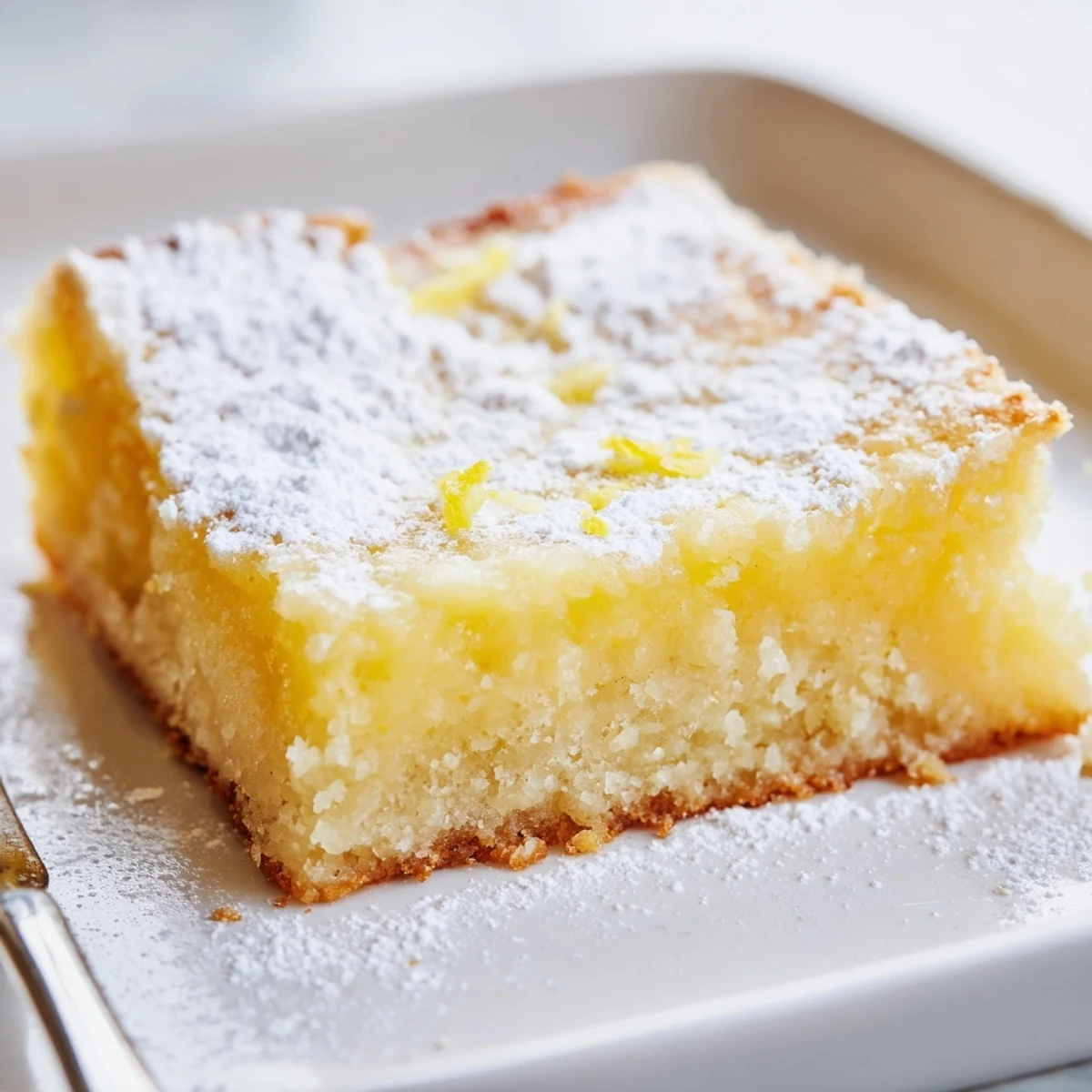 Creamy Lemon Gooey Butter Cake with glossy custard topping and golden brown buttery crust