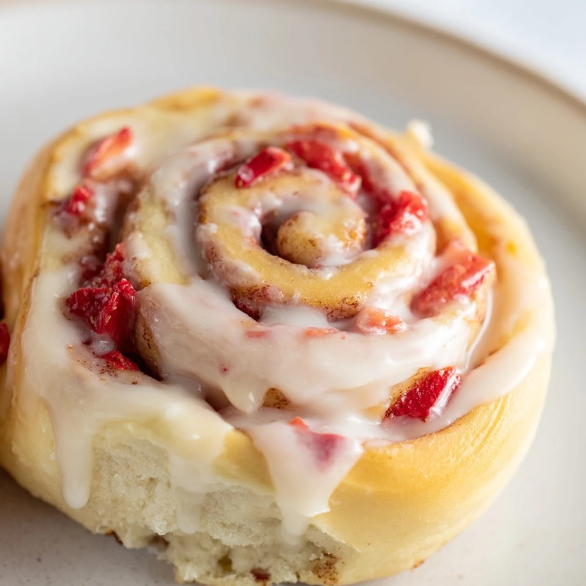 Golden Strawberry Cheesecake Cinnabon Rolls drizzled with creamy vanilla glaze on white plate