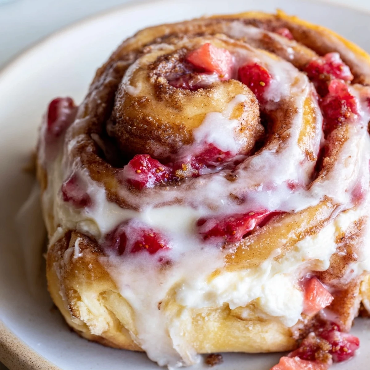 Swirled Strawberry Cheesecake Cinnabon Rolls with glossy icing ready for indulgent breakfast serving