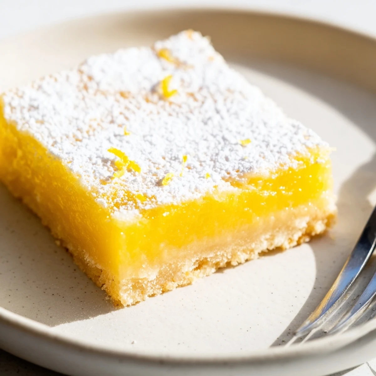 Golden lemon bars with powdered sugar dusting on a rustic white serving plate