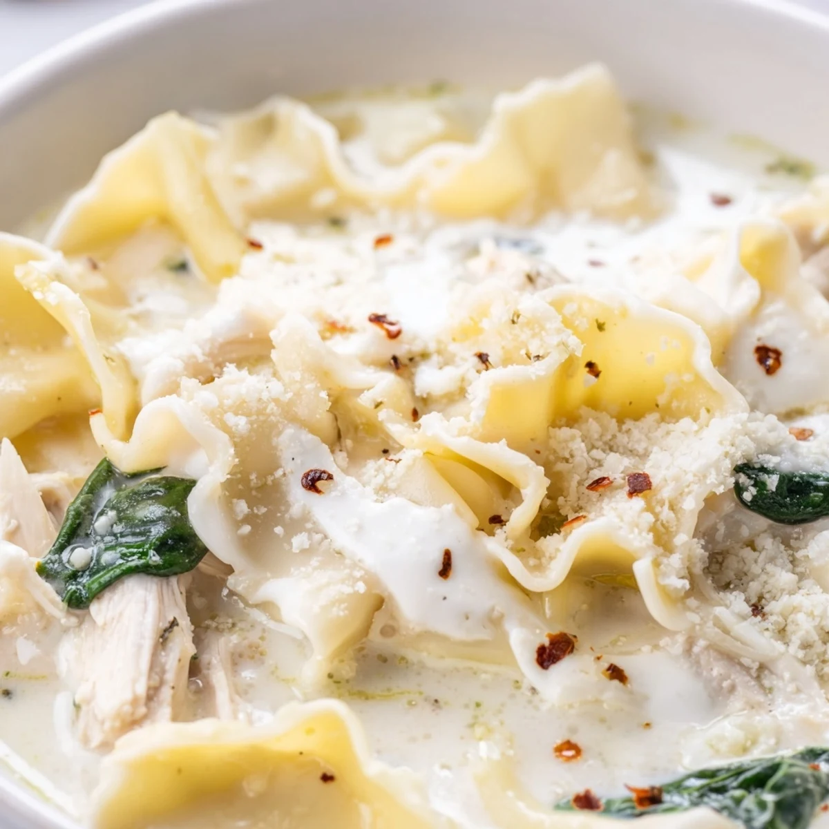 Creamy white lasagna soup topped with Parmesan cheese in a rustic mug