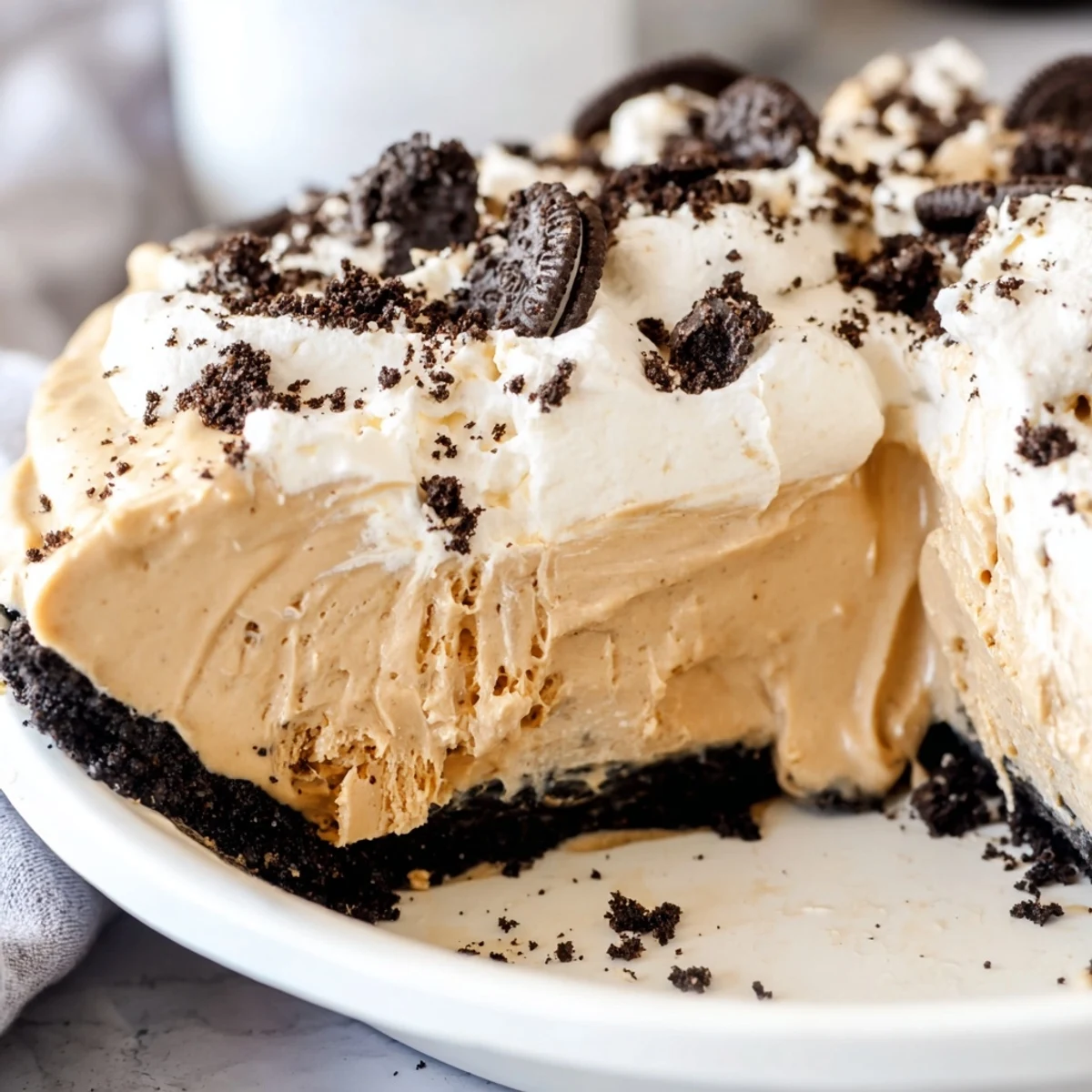 Creamy peanut butter Oreo pie sliced thick with fluffy whipped cream topping