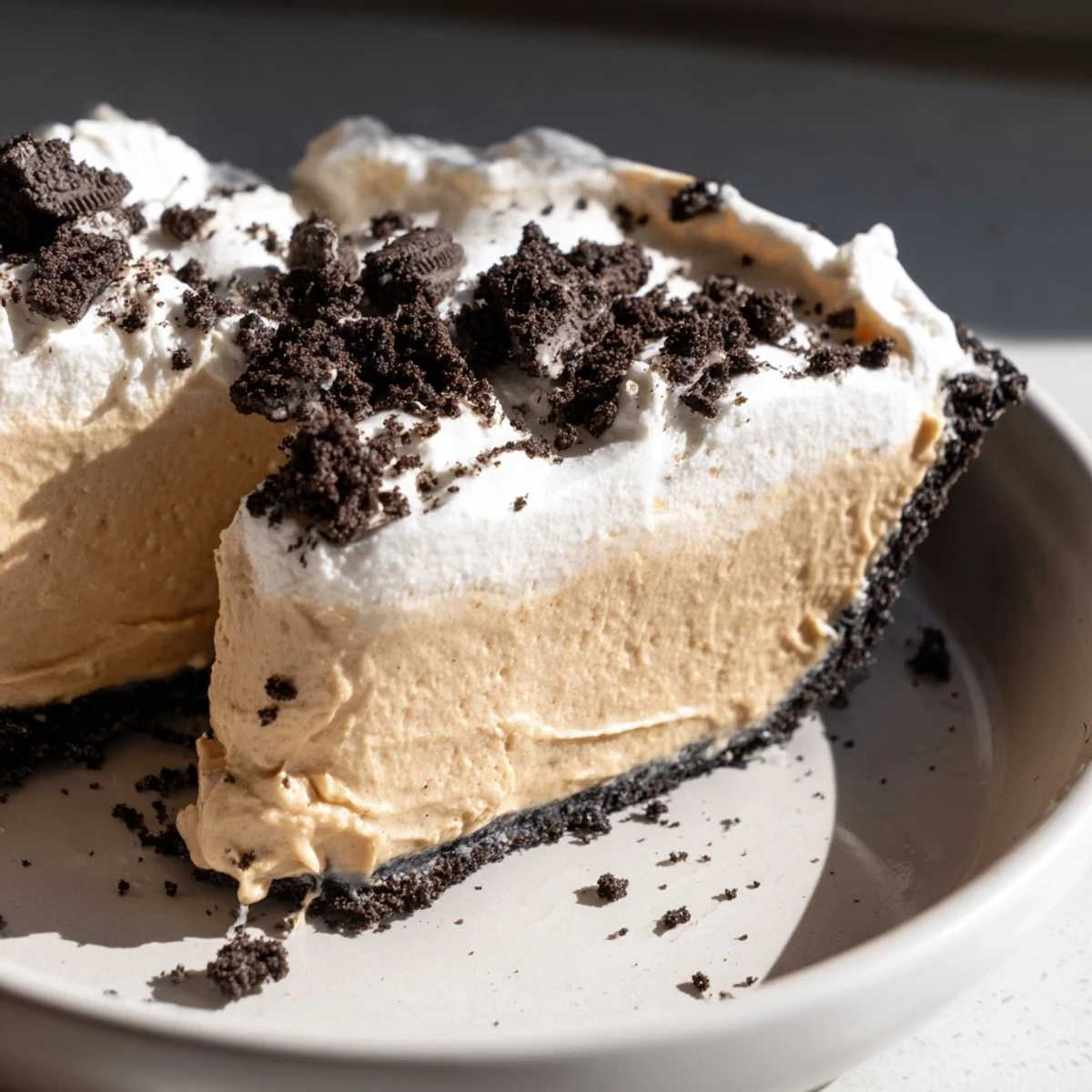 Rich peanut butter Oreo pie in a chocolate cookie crust ready to serve