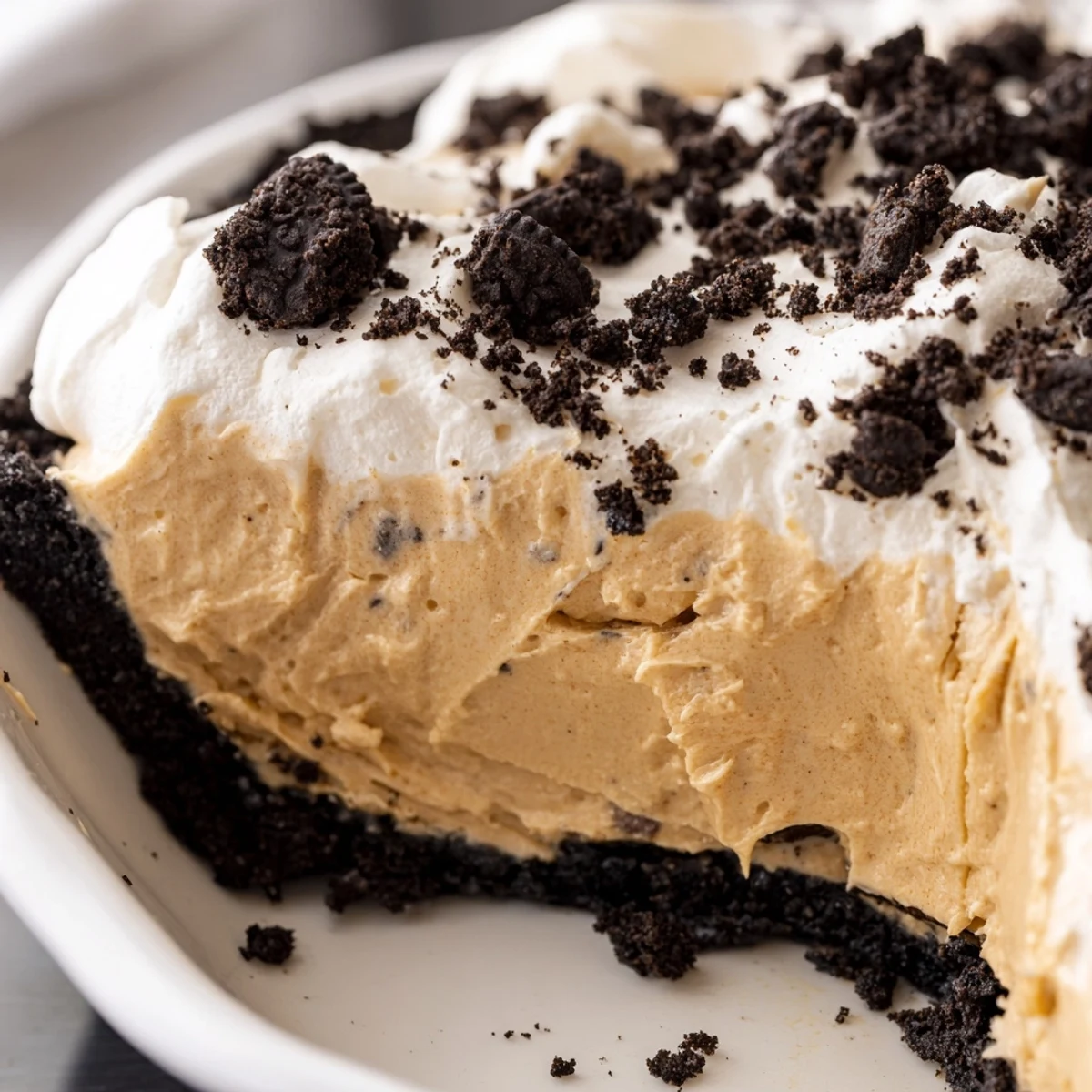 Luscious peanut butter Oreo pie garnished with crushed cookies on a dessert plate