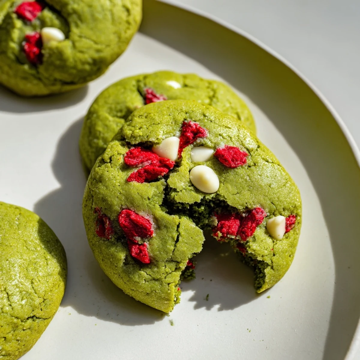 Soft chewy strawberry matcha cookies with vibrant green color and ruby-red fruit pieces