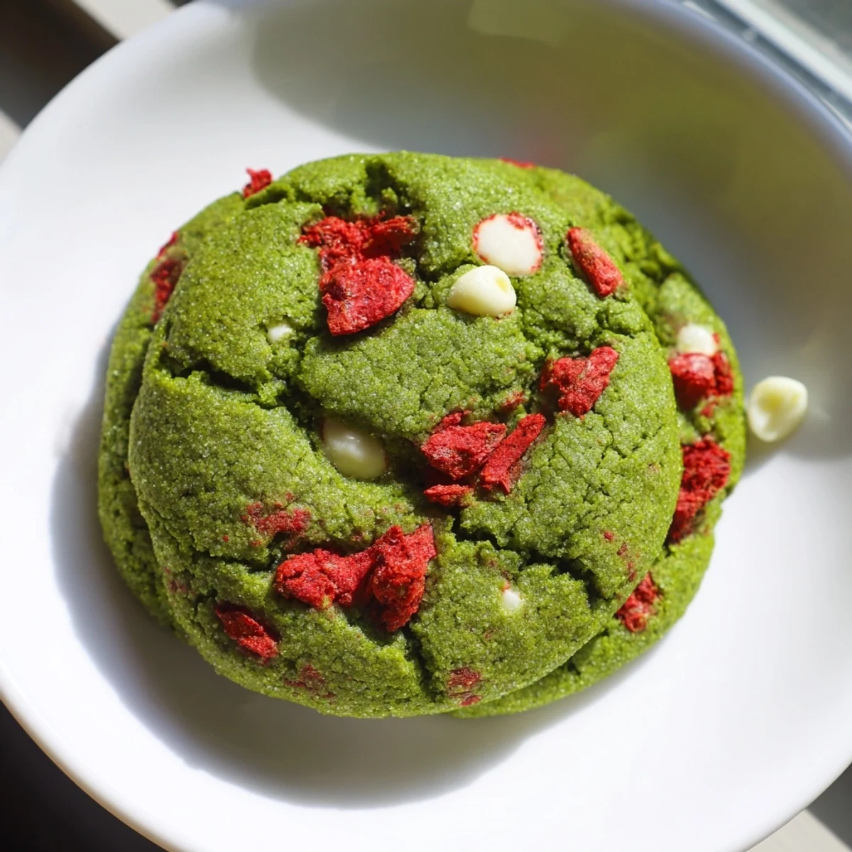 Fresh-baked strawberry matcha cookies dotted with sweet freeze-dried berries on rustic parchment