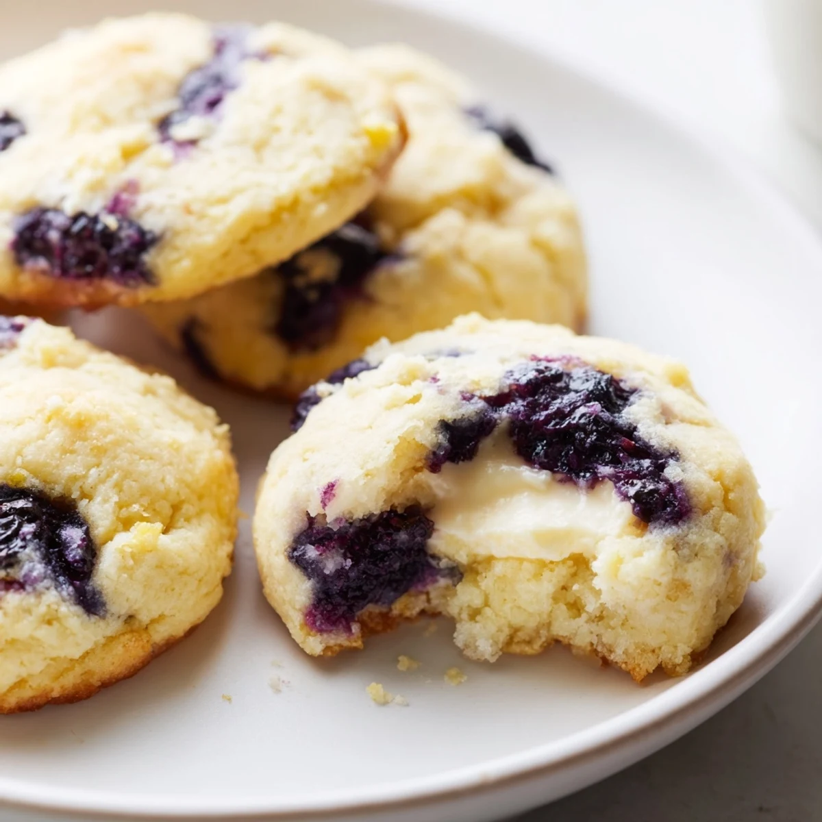 Soft lemon blueberry cheesecake cookies with golden edges and juicy blueberry pieces scattered throughout