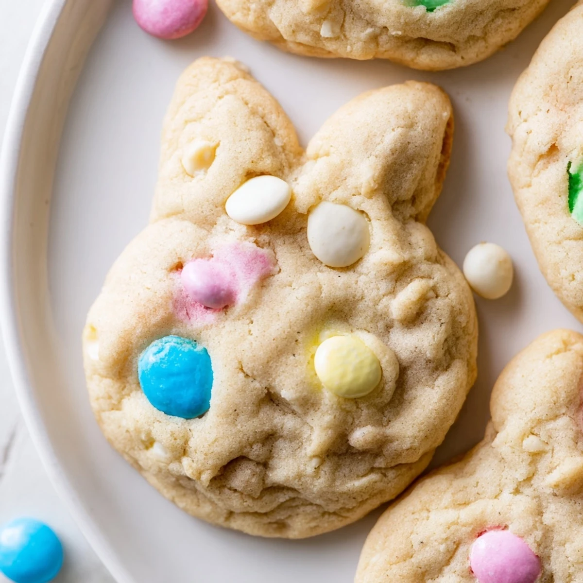 Chewy M&M bunny cookies topped with pastel chocolate candies arranged on a white serving platter