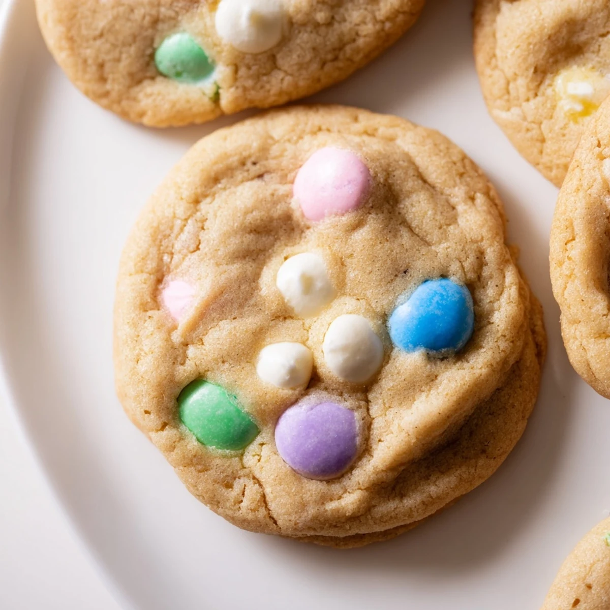 Soft M&M bunny cookies with colorful candy toppings on a rustic baking sheet ready for Easter