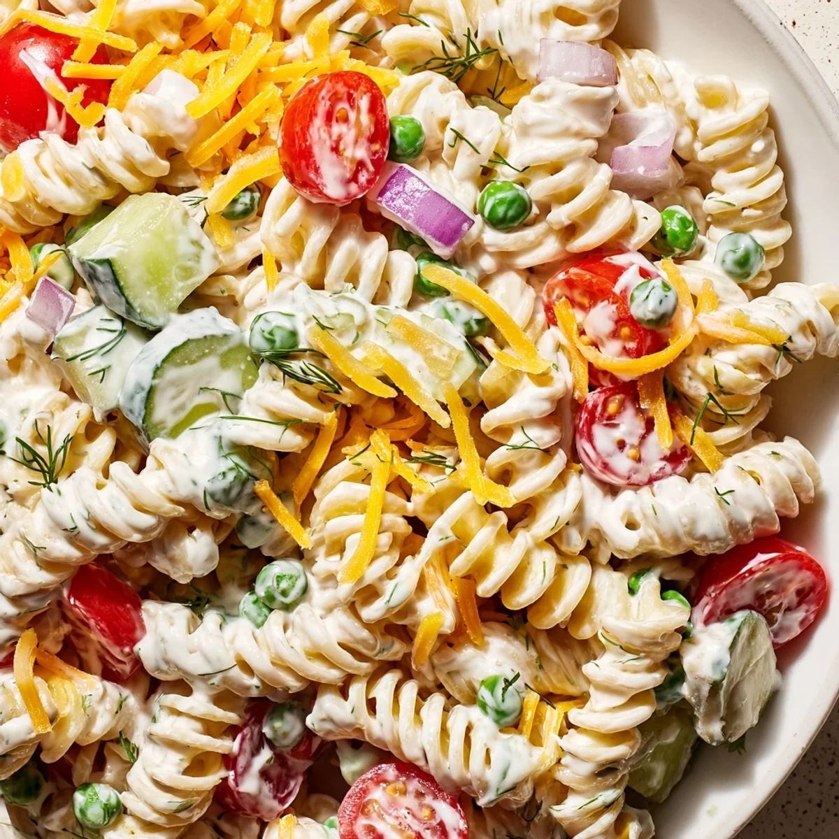 Creamy ranch pasta salad in a serving bowl with colorful vegetables and herbs