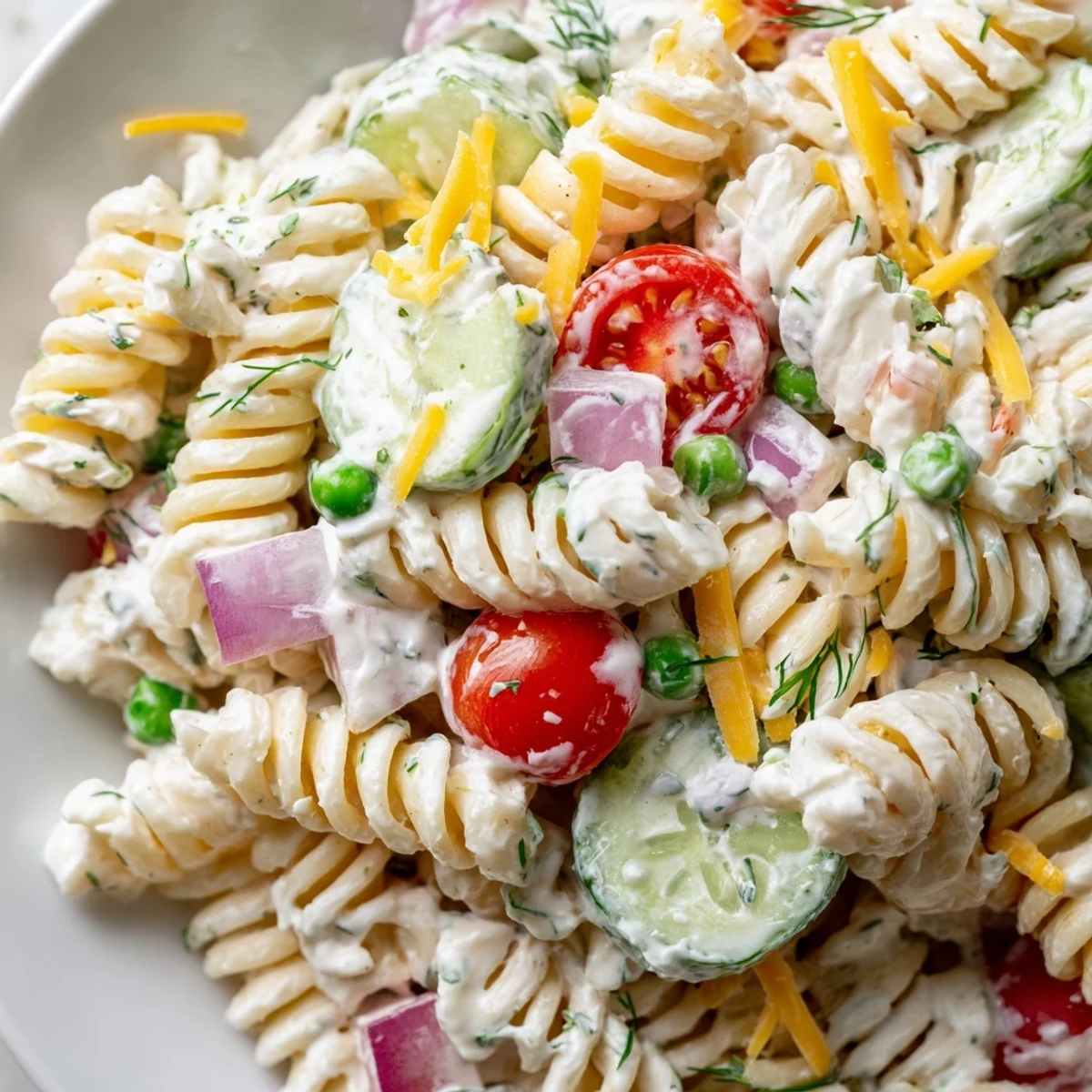 Close-up of creamy ranch pasta salad featuring crisp cucumber and juicy tomatoes