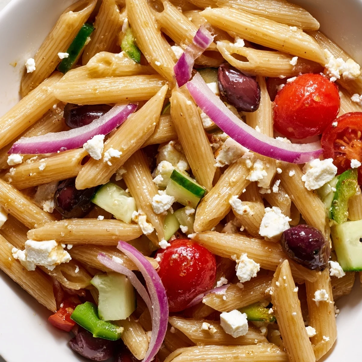 Greek pasta salad in a white bowl with crisp cucumbers, juicy tomatoes, and tangy feta cheese