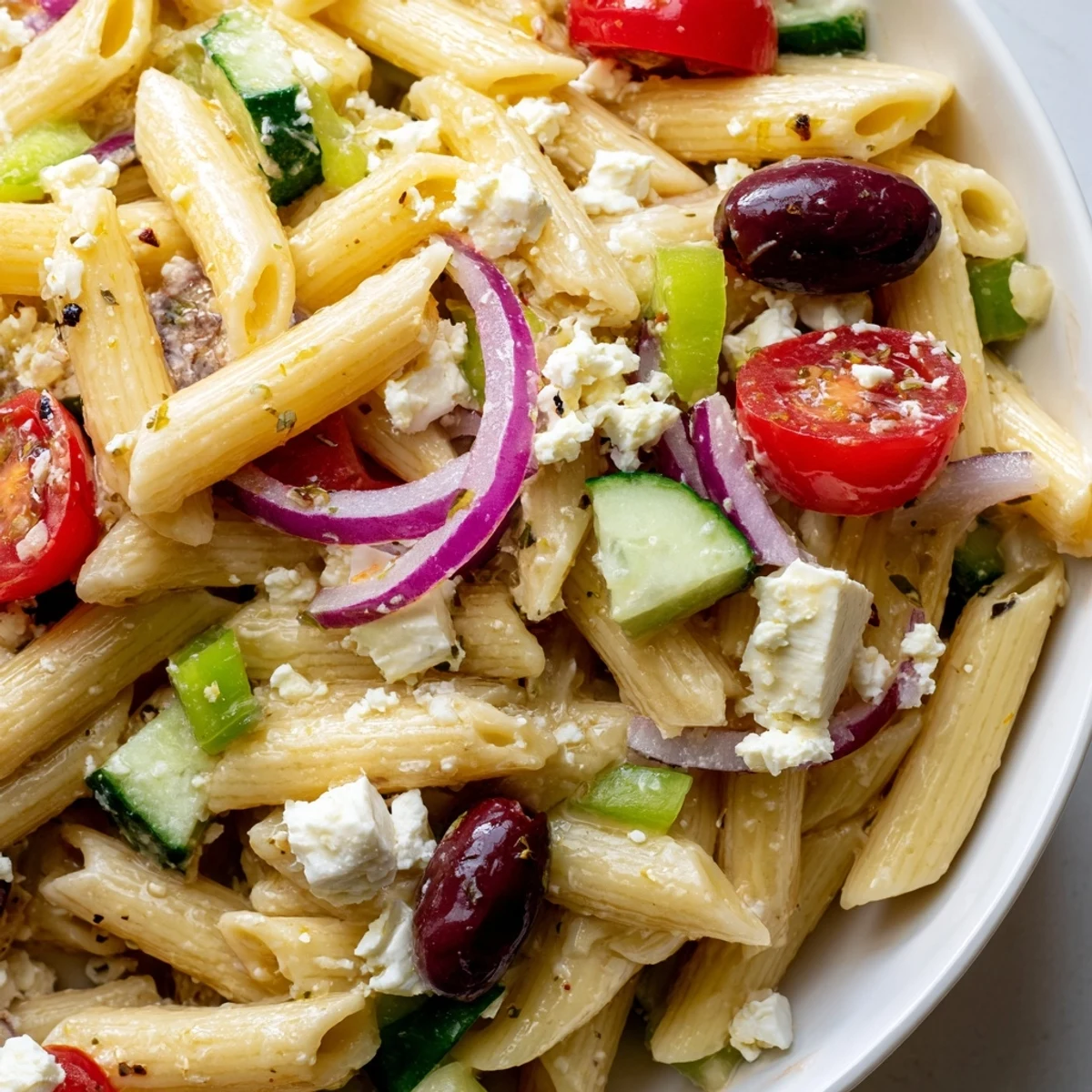 Vibrant Greek pasta salad topped with Kalamata olives, fresh herbs, and zesty Mediterranean dressing
