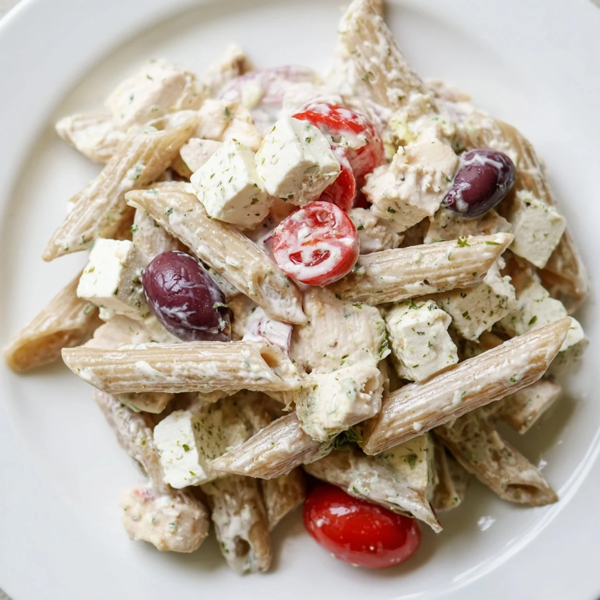 Colorful High Protein Greek Pasta Salad loaded with feta olives and crisp fresh vegetables in bowl