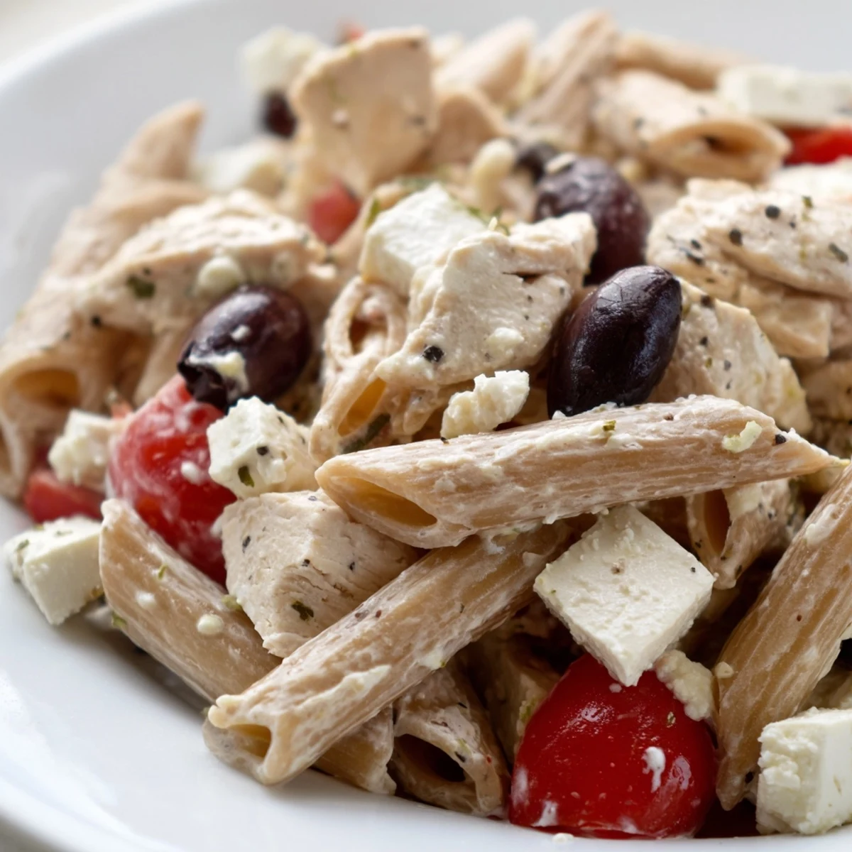 Creamy High Protein Greek Pasta Salad with tender chicken cherry tomatoes and tangy yogurt dressing