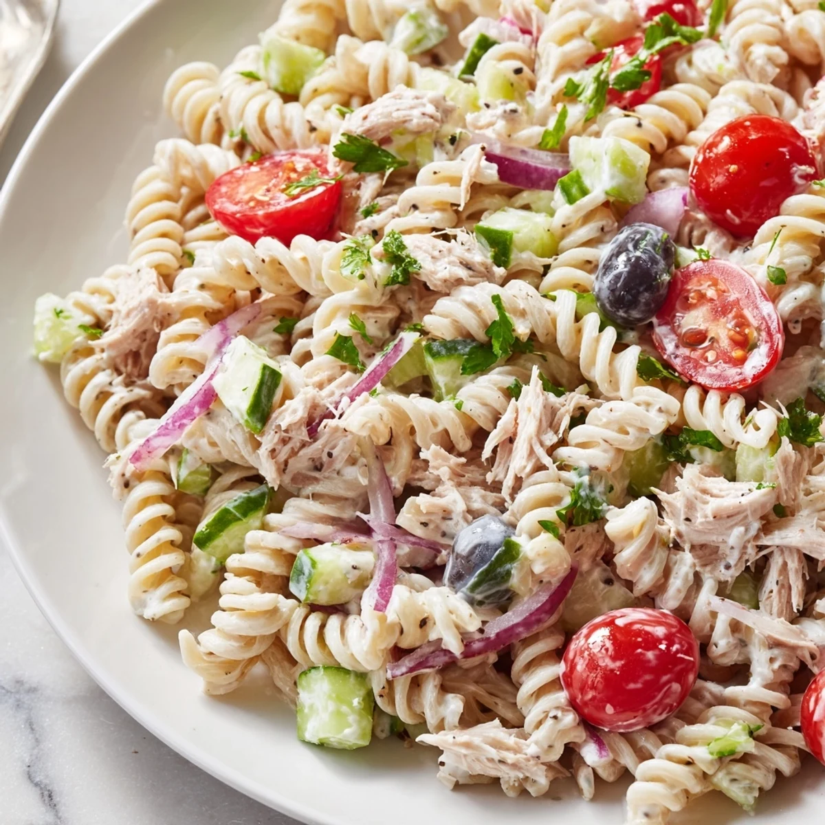 Creamy tuna pasta salad in a serving bowl with colorful fresh vegetables and herbs