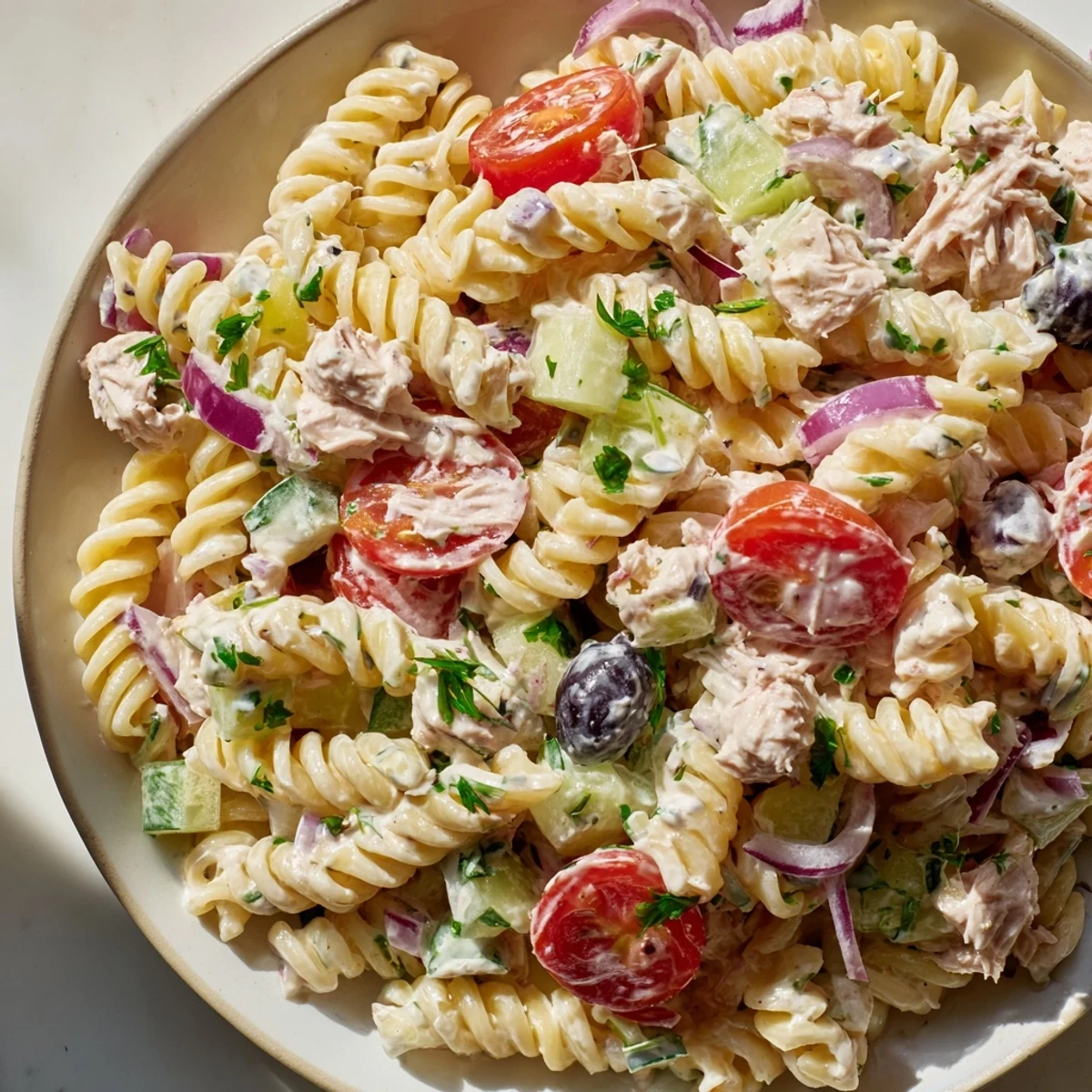 Chilled tuna pasta salad tossed with crisp celery, ripe tomatoes, and creamy dressing