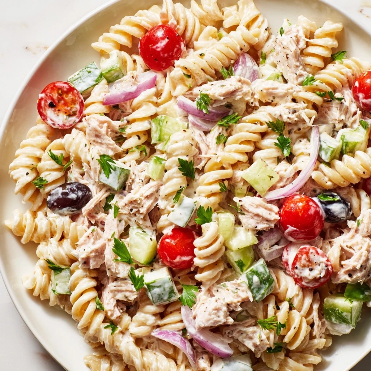 Tuna pasta salad served on a white plate with garnish of parsley and olives