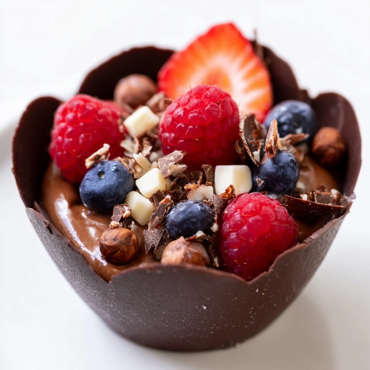 Chocolate grazing cups filled with silky mousse and topped with fresh berries and nuts