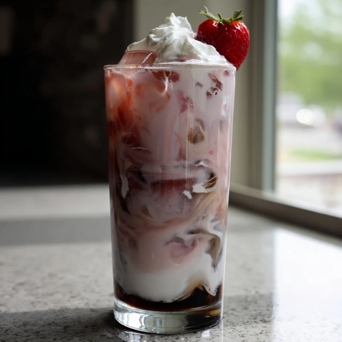 Iced strawberry latte topped with fluffy whipped cream and fresh berry garnish