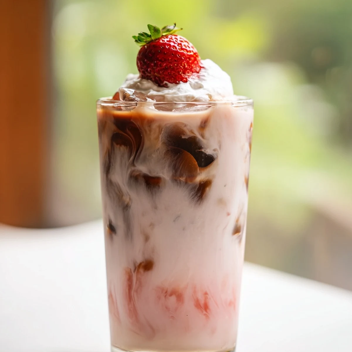 Creamy strawberry cold latte in a tall glass with swirling layers of pink