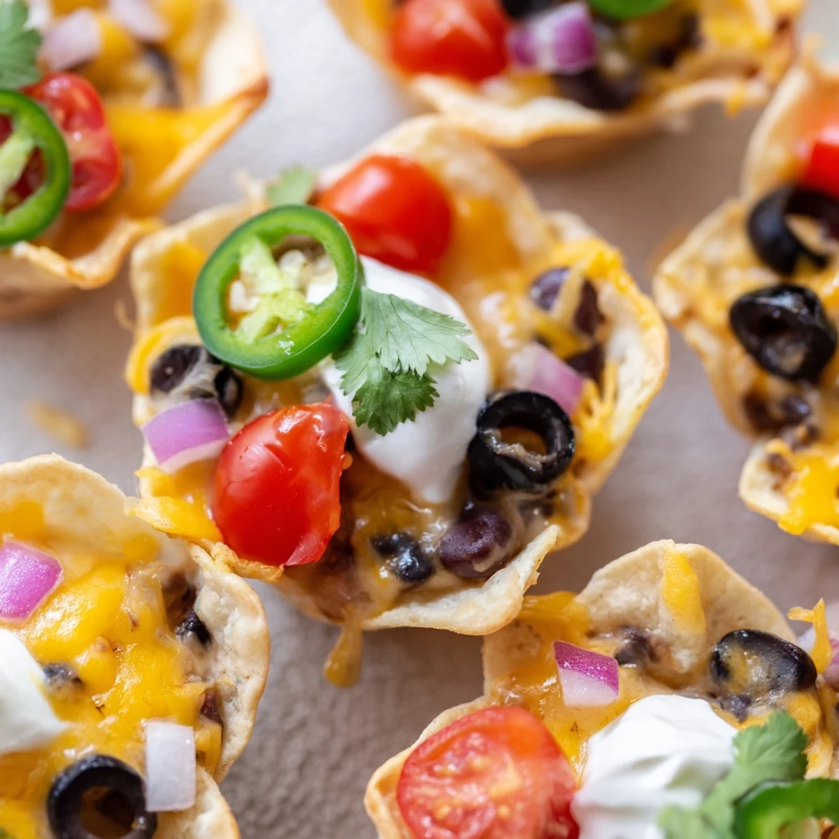 Crispy tortilla cups overflowing with gooey Monterey Jack cheese and zesty black bean toppings