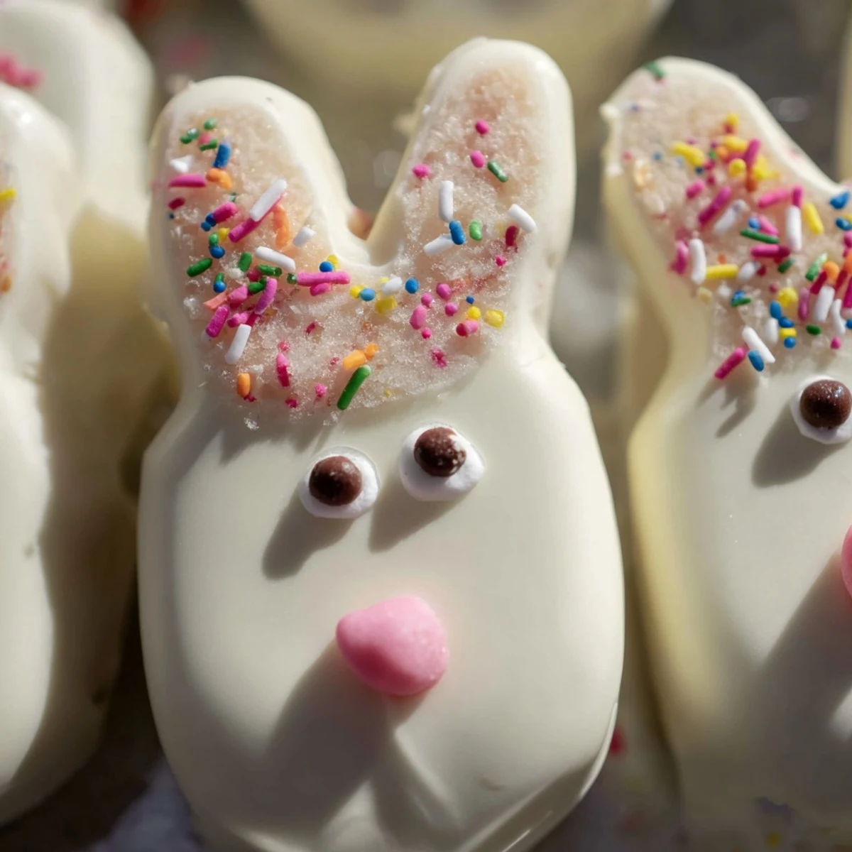 Creamy white chocolate bunny cakesicles decorated with pink ears and festive sprinkles