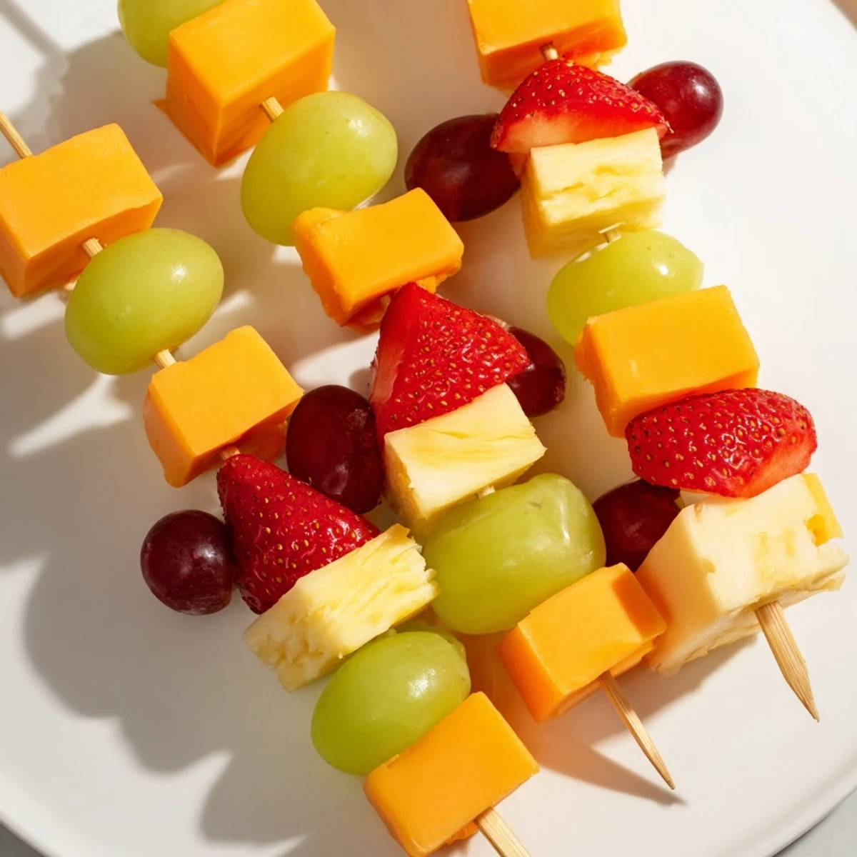 Fruit and cheese kabobs featuring strawberry pineapple and creamy Monterey Jack skewers