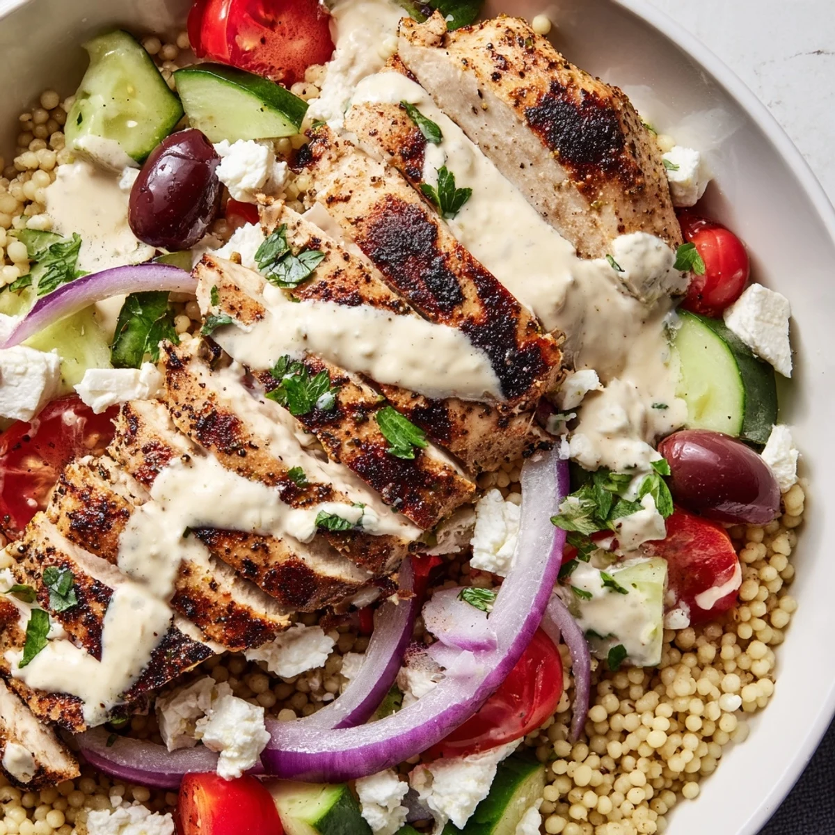 Golden Mediterranean chicken couscous bowl topped with fresh vegetables and creamy tahini drizzle