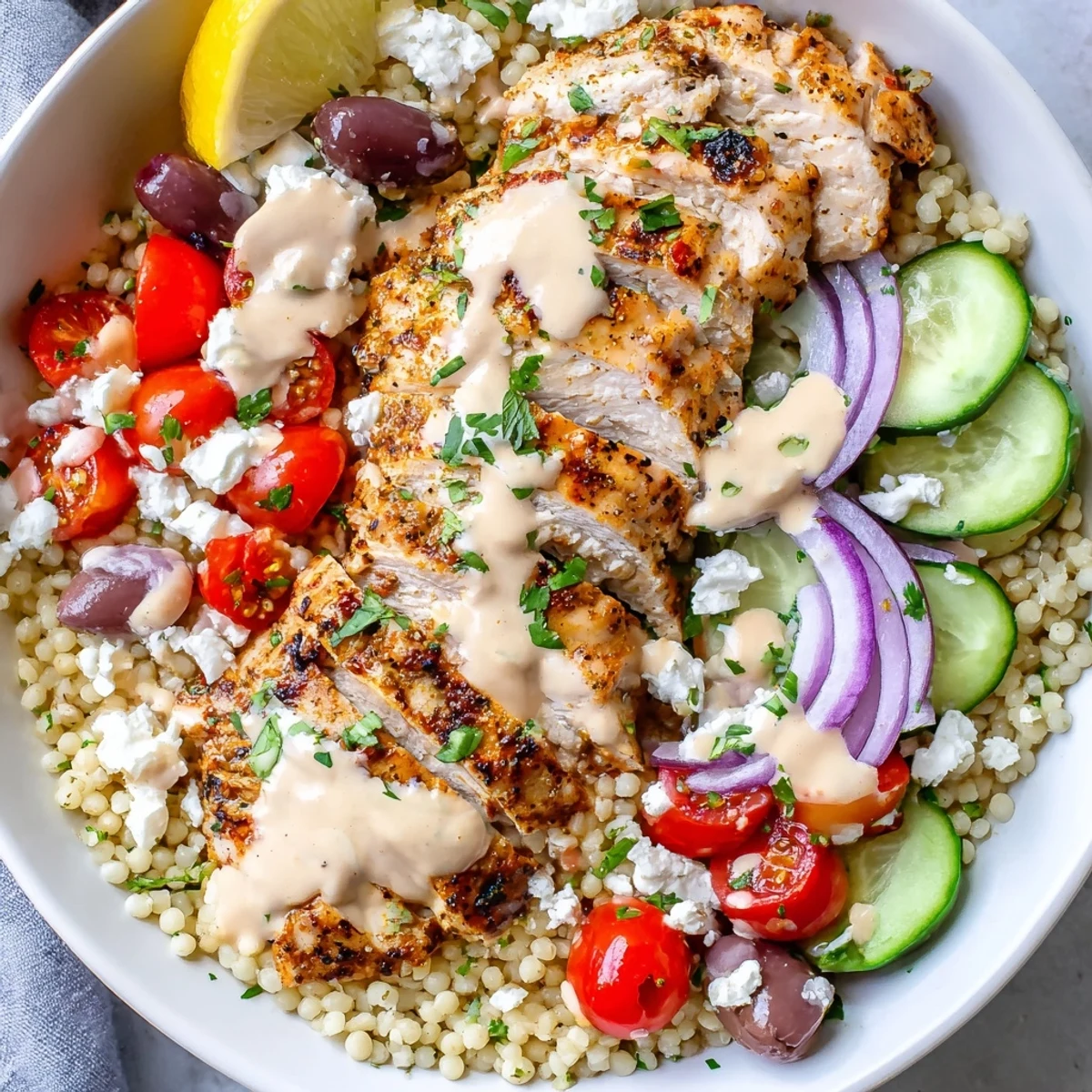 Fluffy couscous paired with seasoned chicken, crisp cucumbers, tomatoes, and zesty lemon sauce