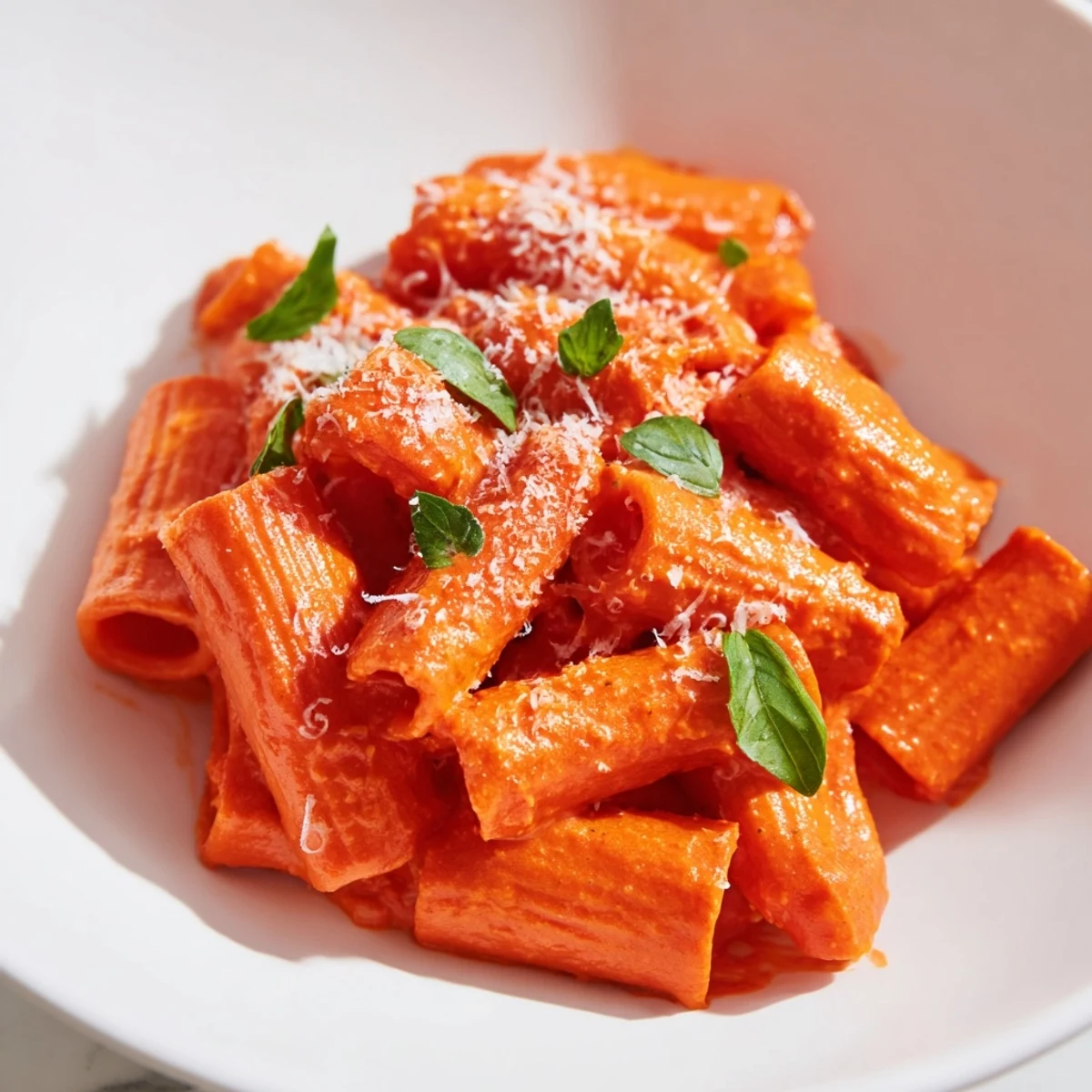 Creamy roasted red pepper pasta in a vibrant orange-red sauce topped with fresh basil
