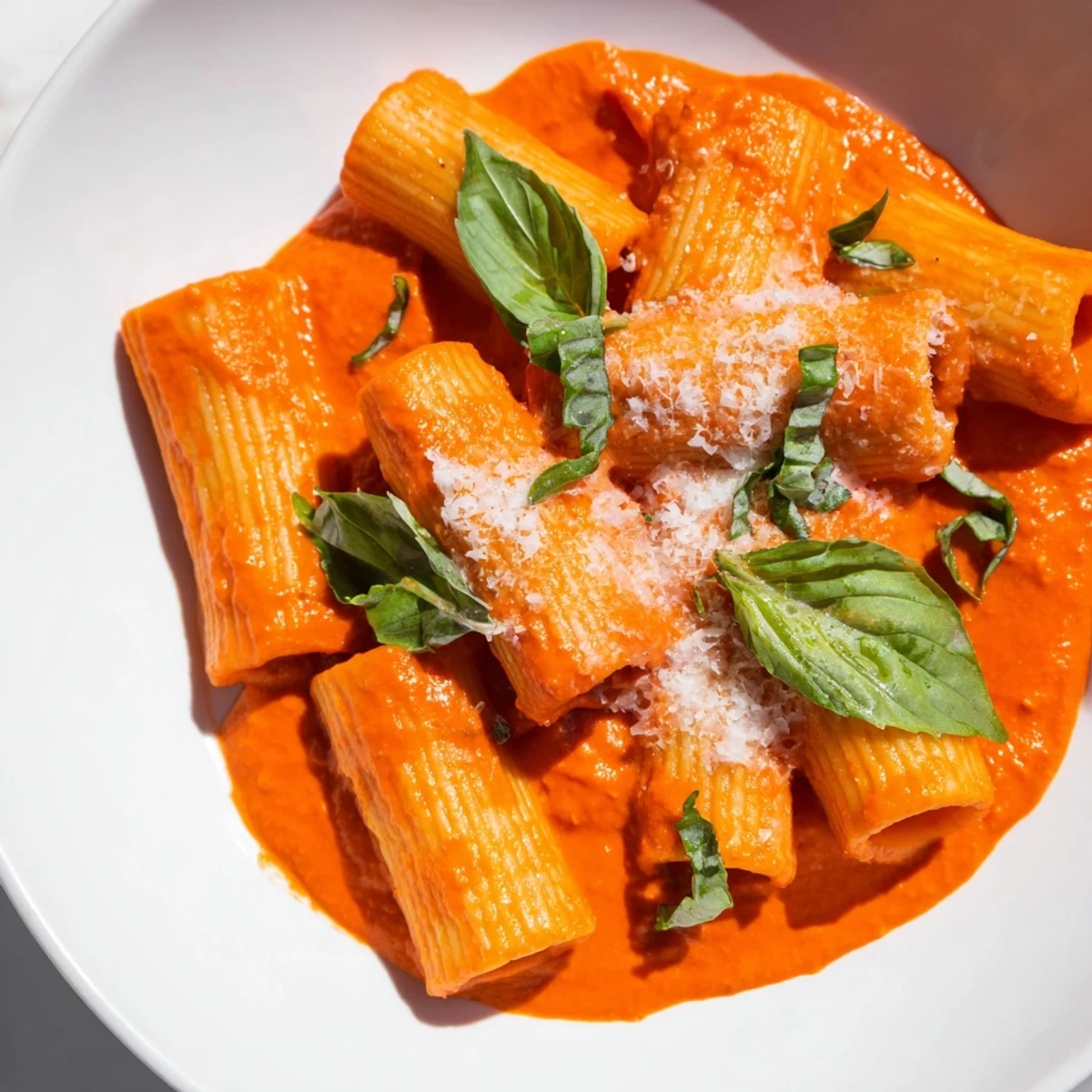 Roasted red pepper pantry pasta coated in silky sauce with grated Parmesan sprinkled on top