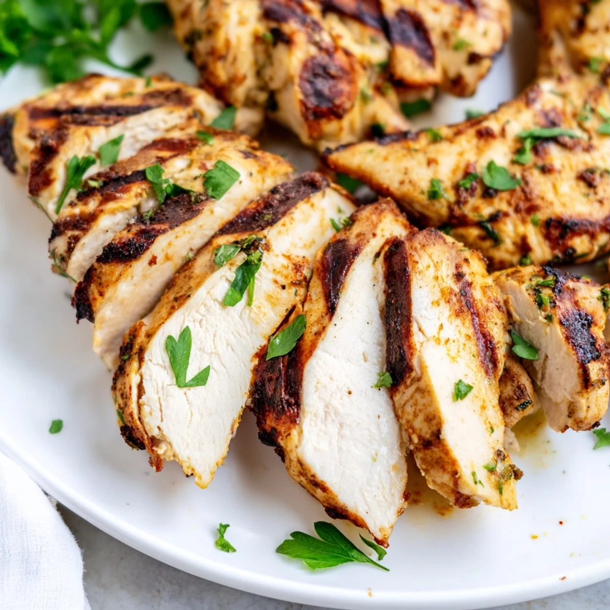 Golden grilled Greek yogurt marinated chicken with char marks and fresh herbs on white plate