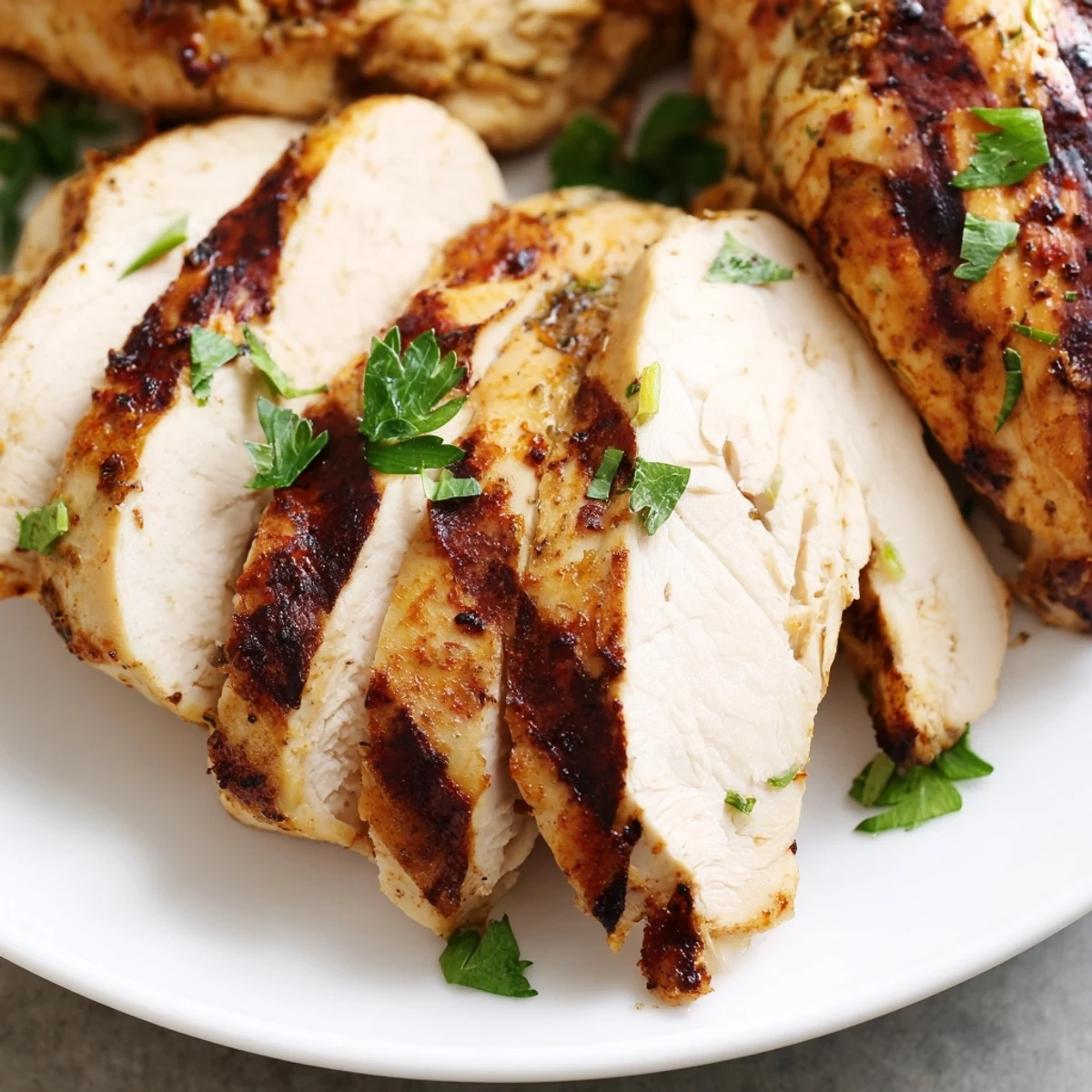 Juicy sliced Greek yogurt marinated chicken with lemon wedges and bright green parsley garnish