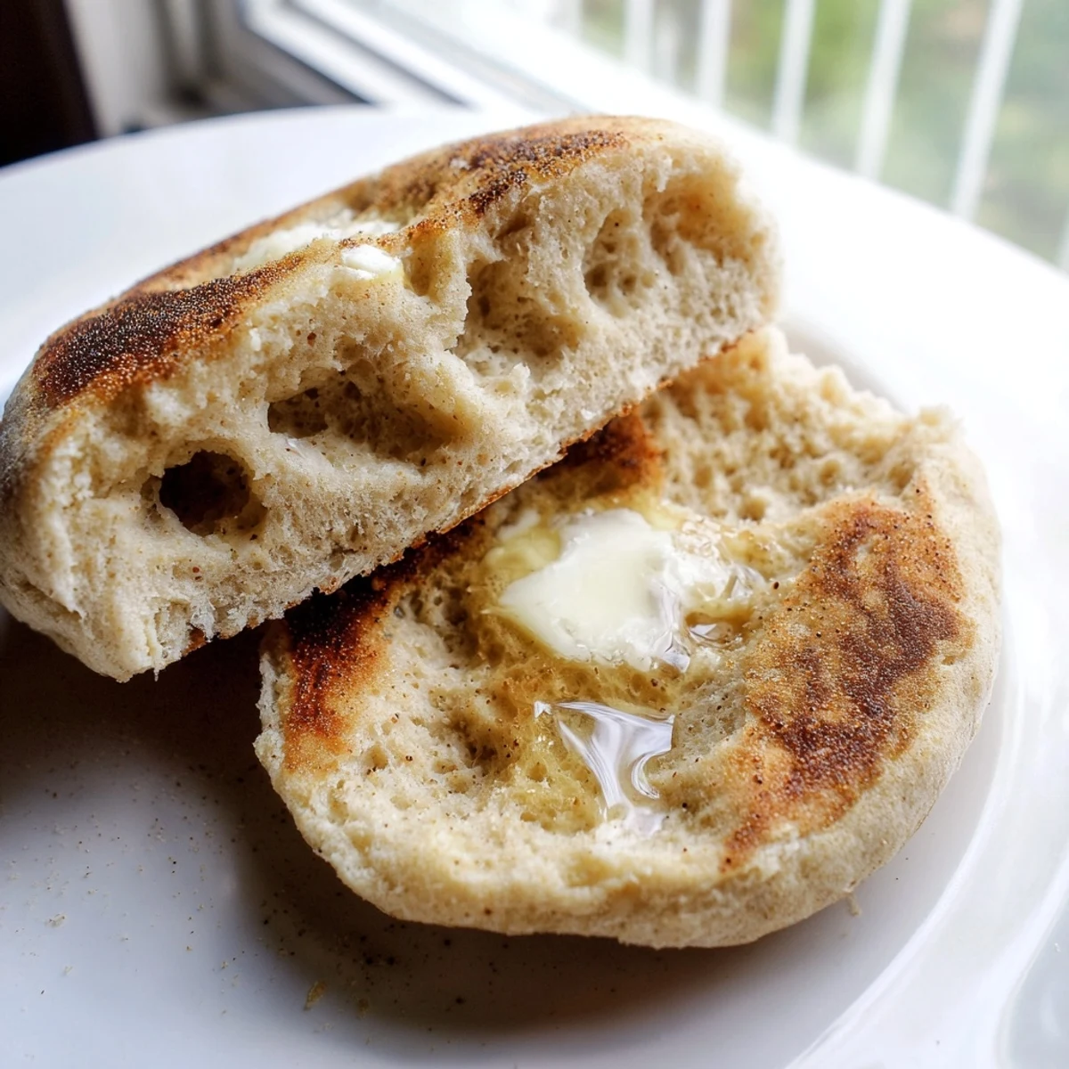 Golden homemade English muffins cooling on a wire rack with signature nooks and crannies