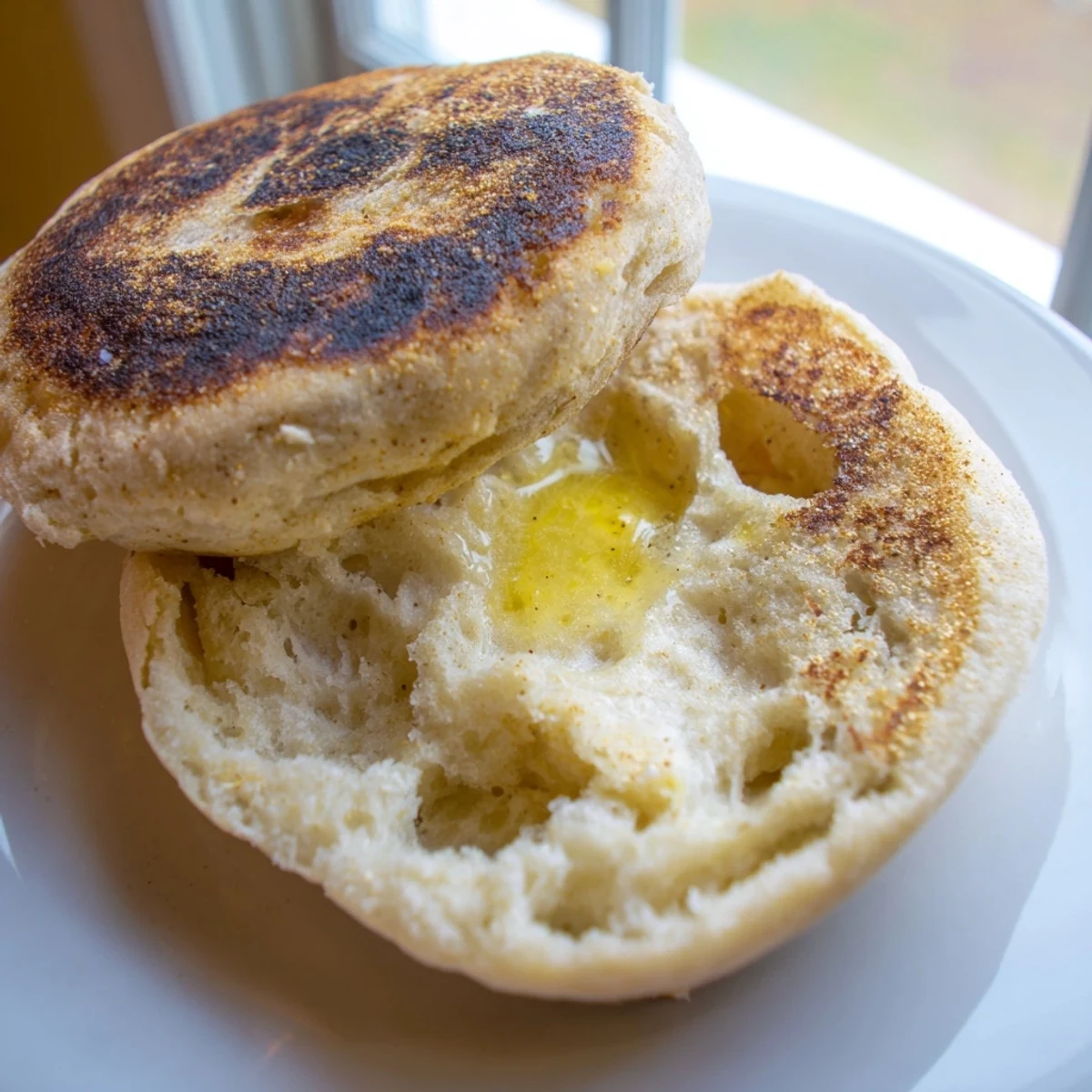 Freshly griddled homemade English muffins dusted with cornmeal ready for toasting and butter